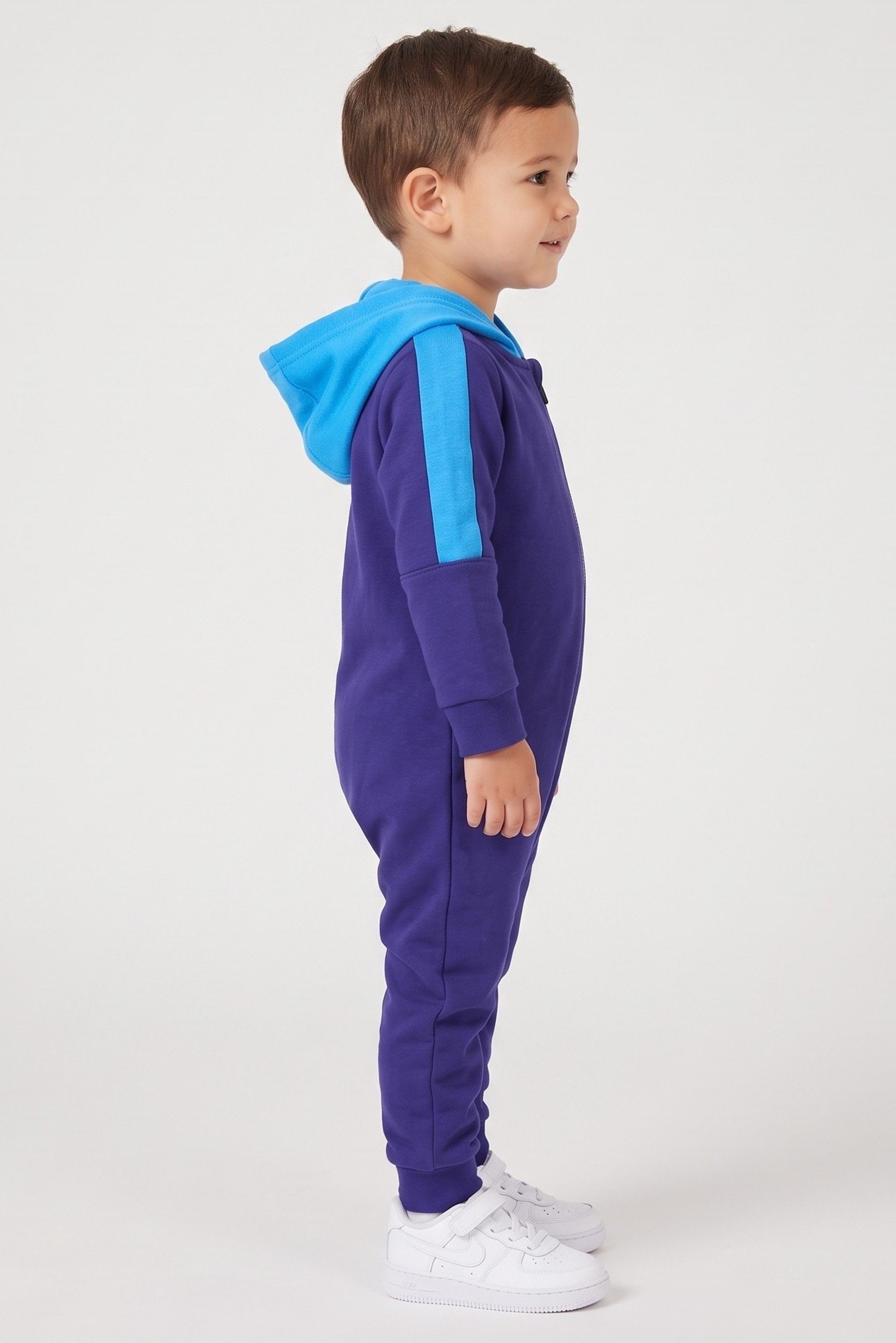Toddlers Boy Brand Logo Long Sleeve Hooded Romper, Blue