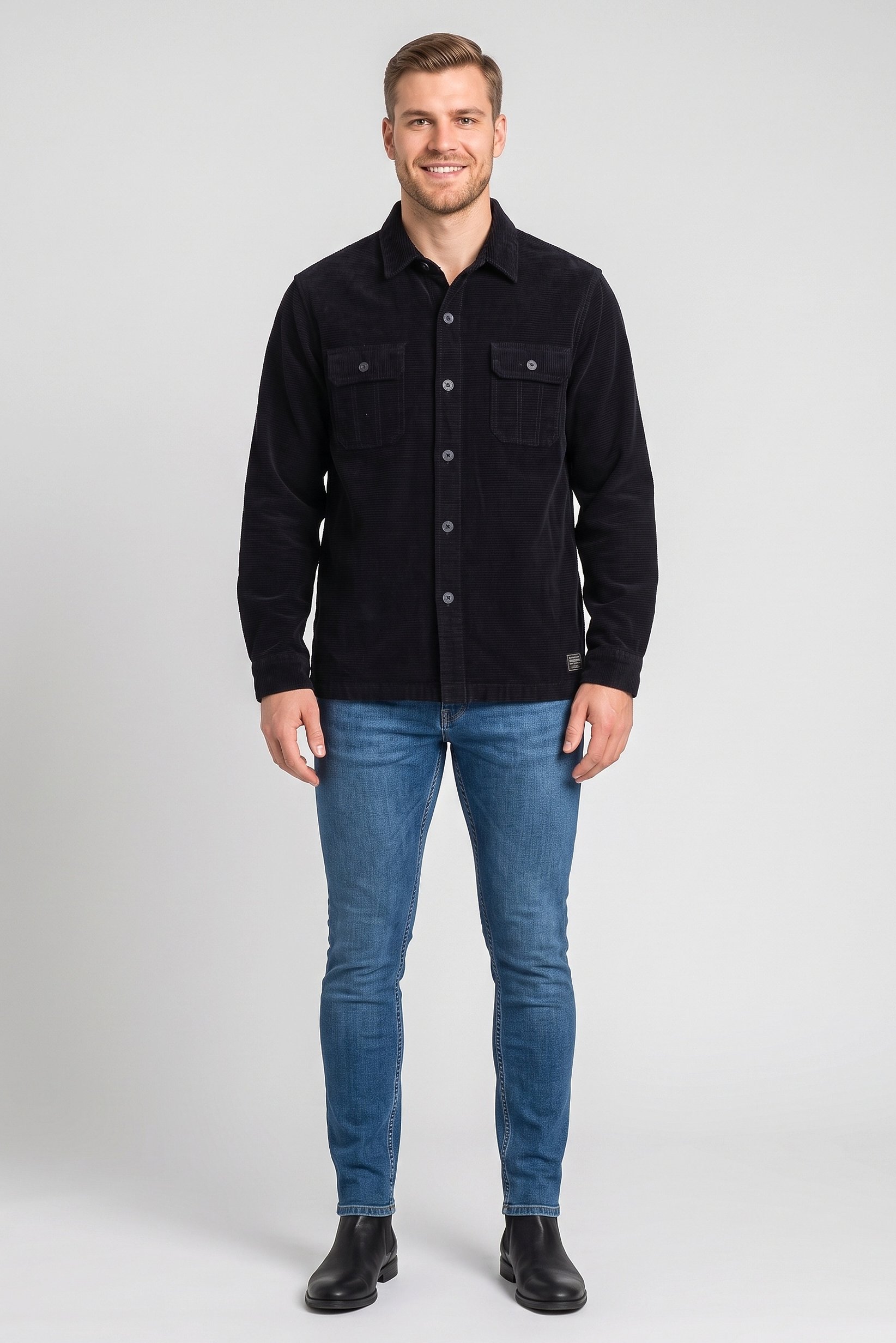 Men Corduroy Long Sleeve Jacket Shirt, Deep Navy