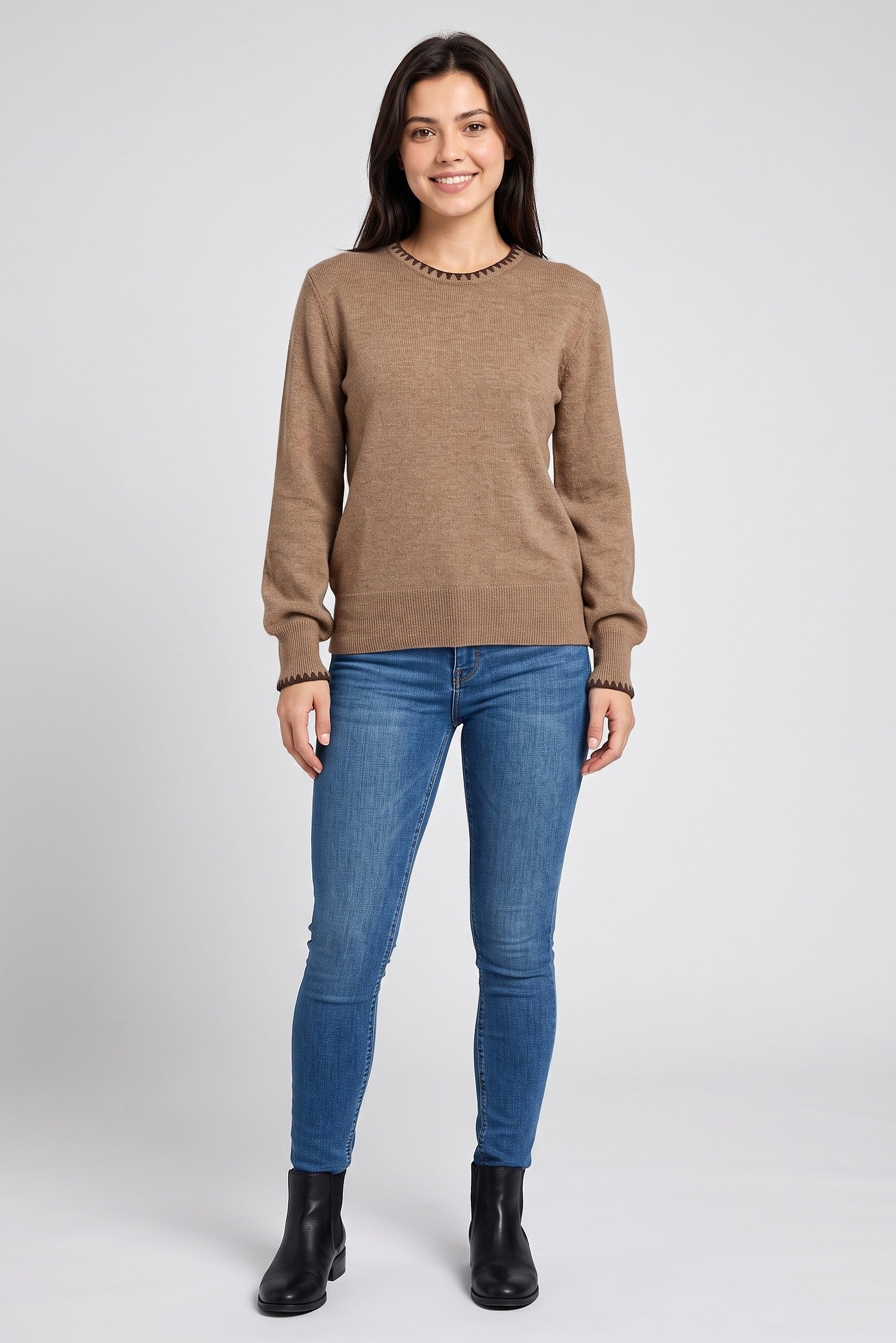 Women Crew Neck Plain Sweater, Brown