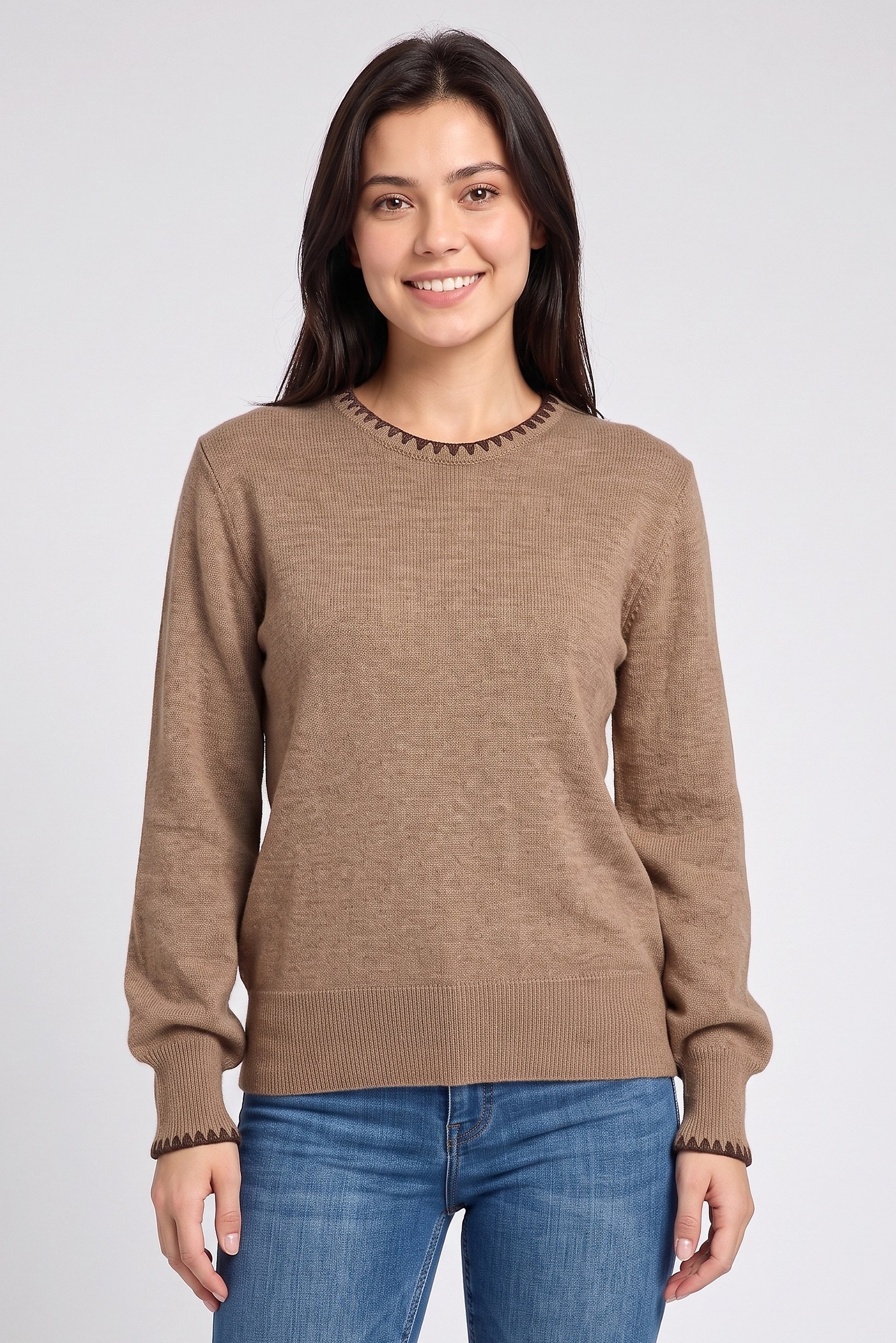 Women Crew Neck Plain Sweater, Brown