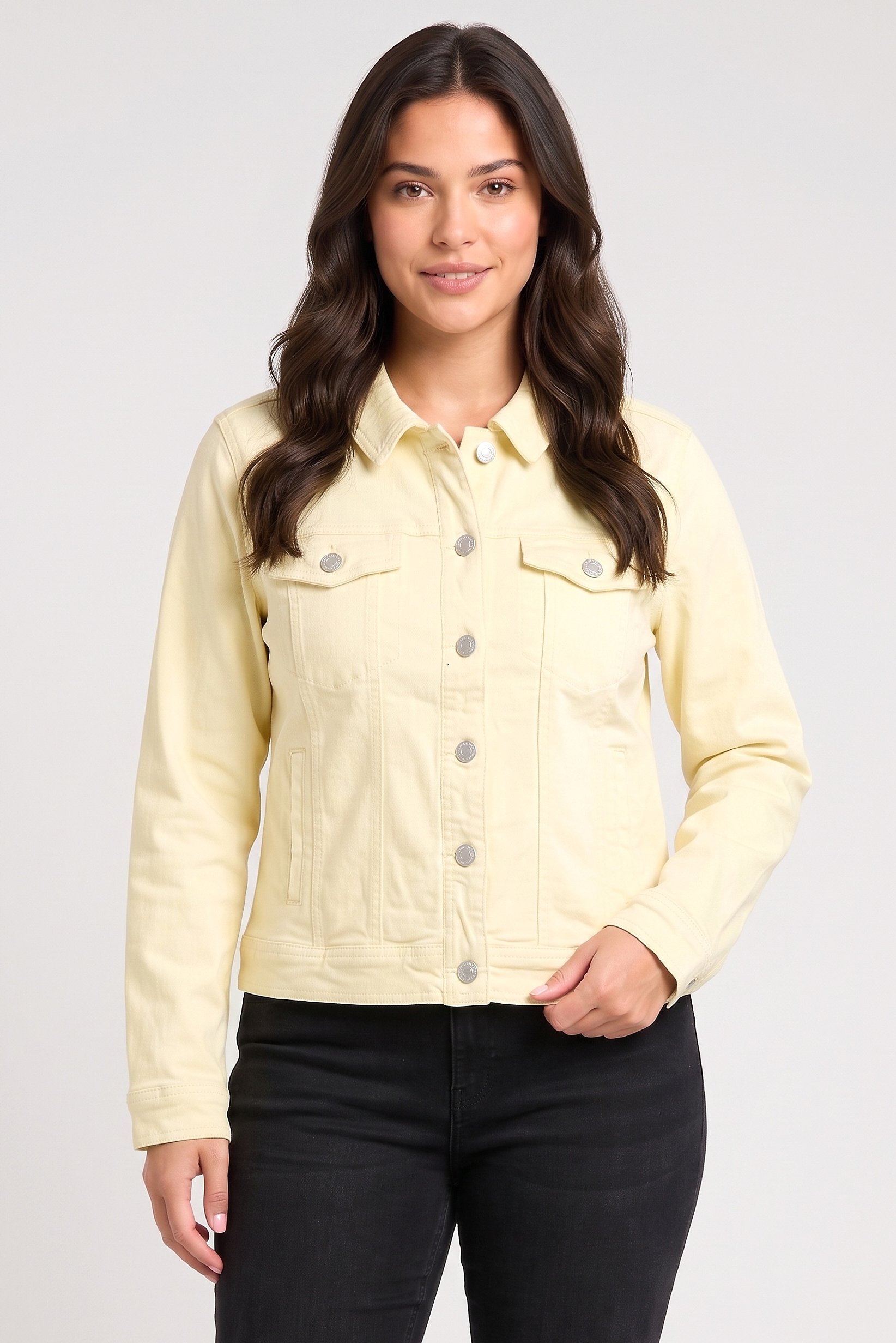 Women Solid Denim Jacket, Light Yellow
