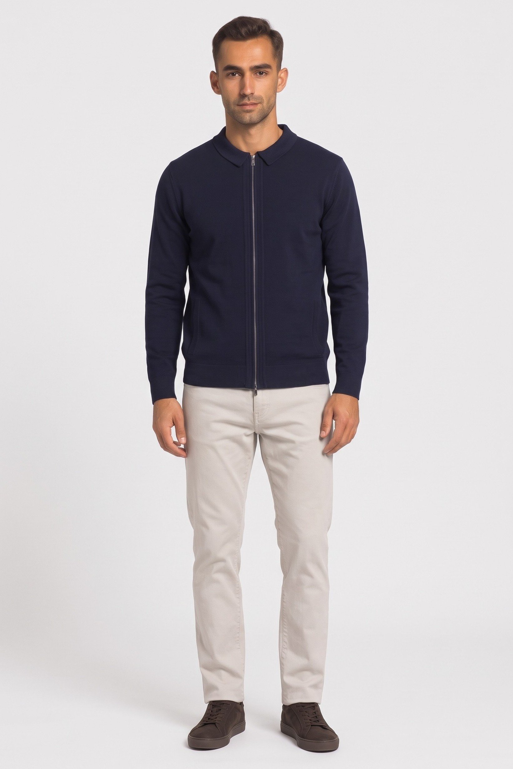 Men Long Sleeve Knitted Full Zip Cardigans, Navy