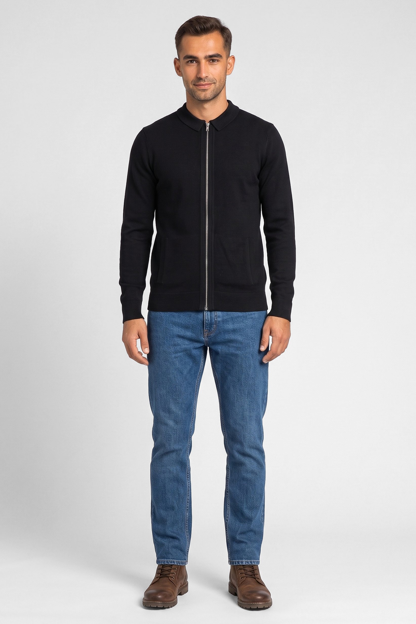 Men Spread Collar Solid Cardigan, Black