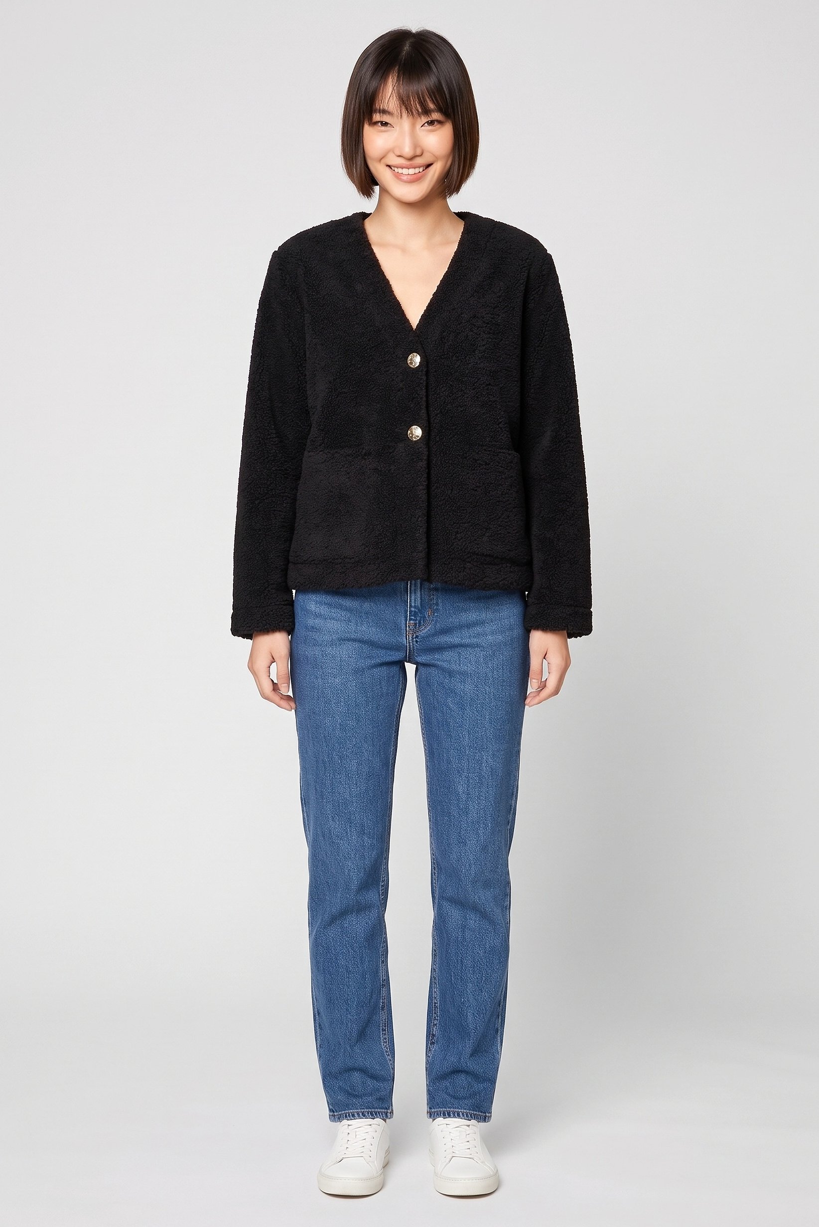 Women Textured Sherpa Jacket, Black