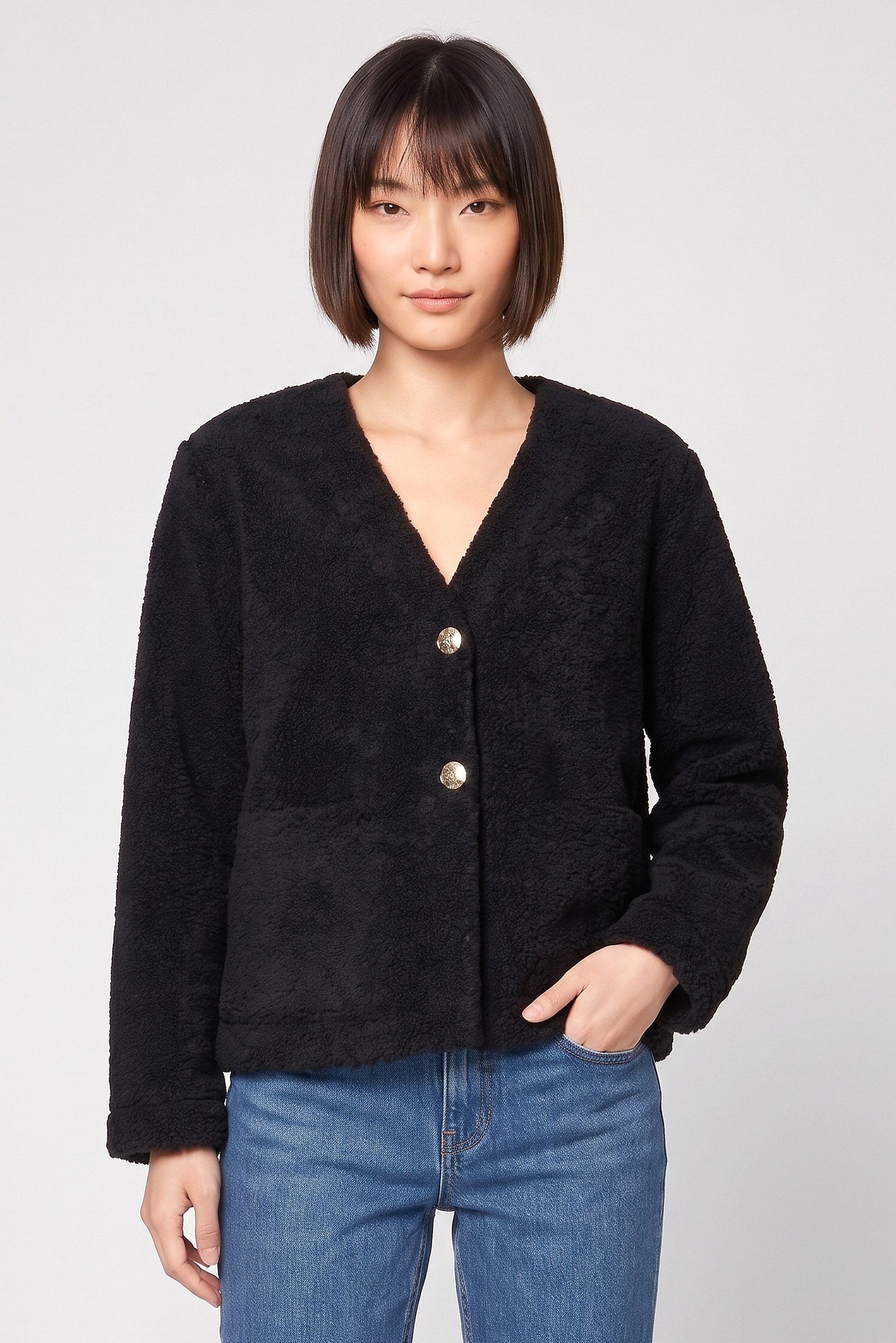 Women Textured Sherpa Jacket, Black
