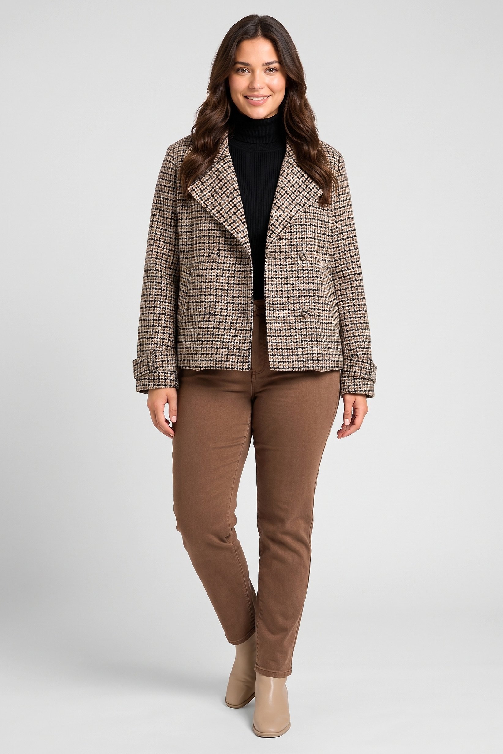 Women Checkered Crop Trench Coat, Multicolor