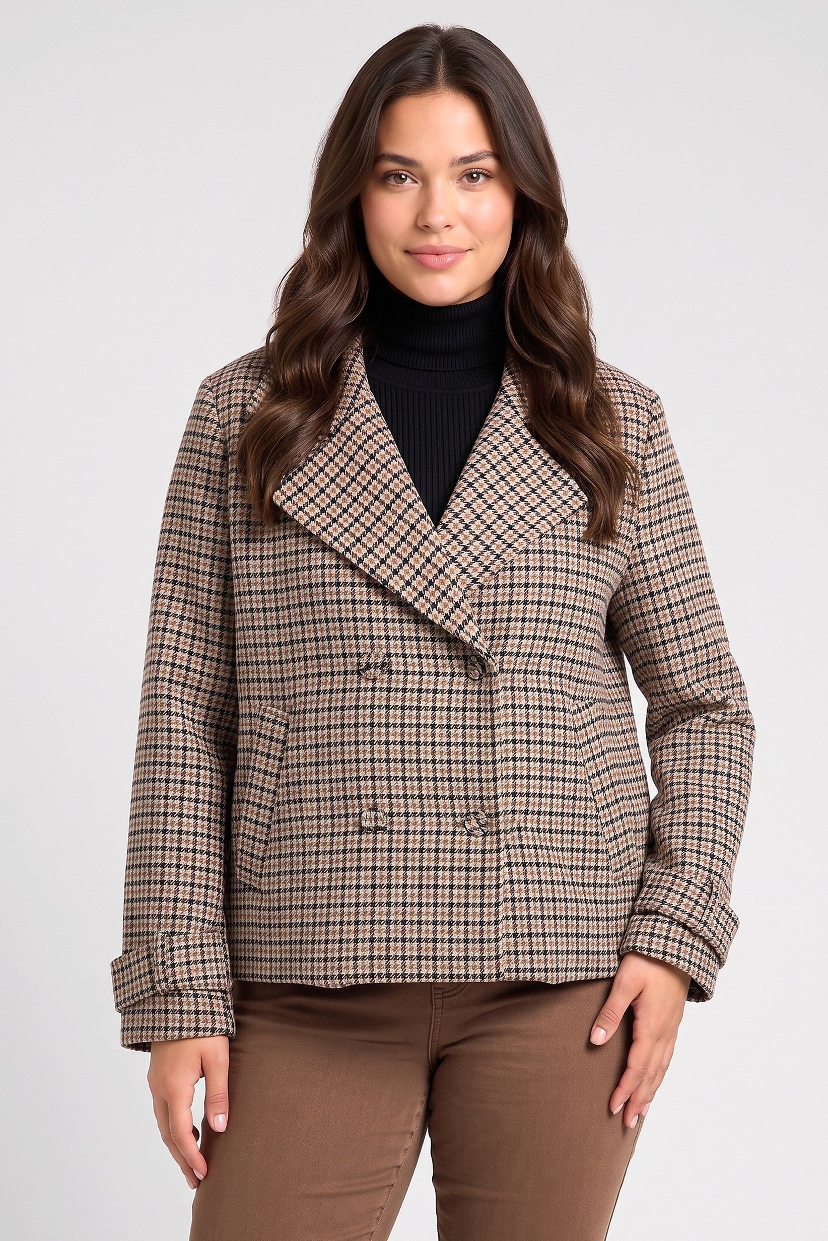 Women Checkered Crop Trench Coat, Multicolor