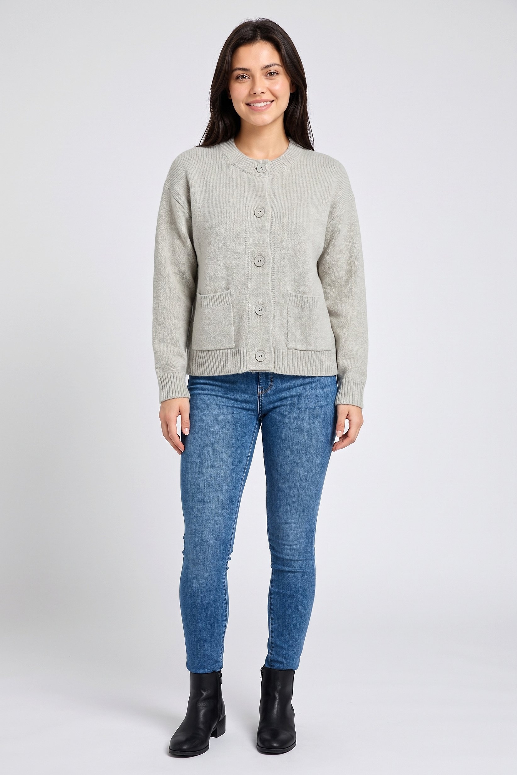 Women Crew Neck Plain Cardigan, Light Grey