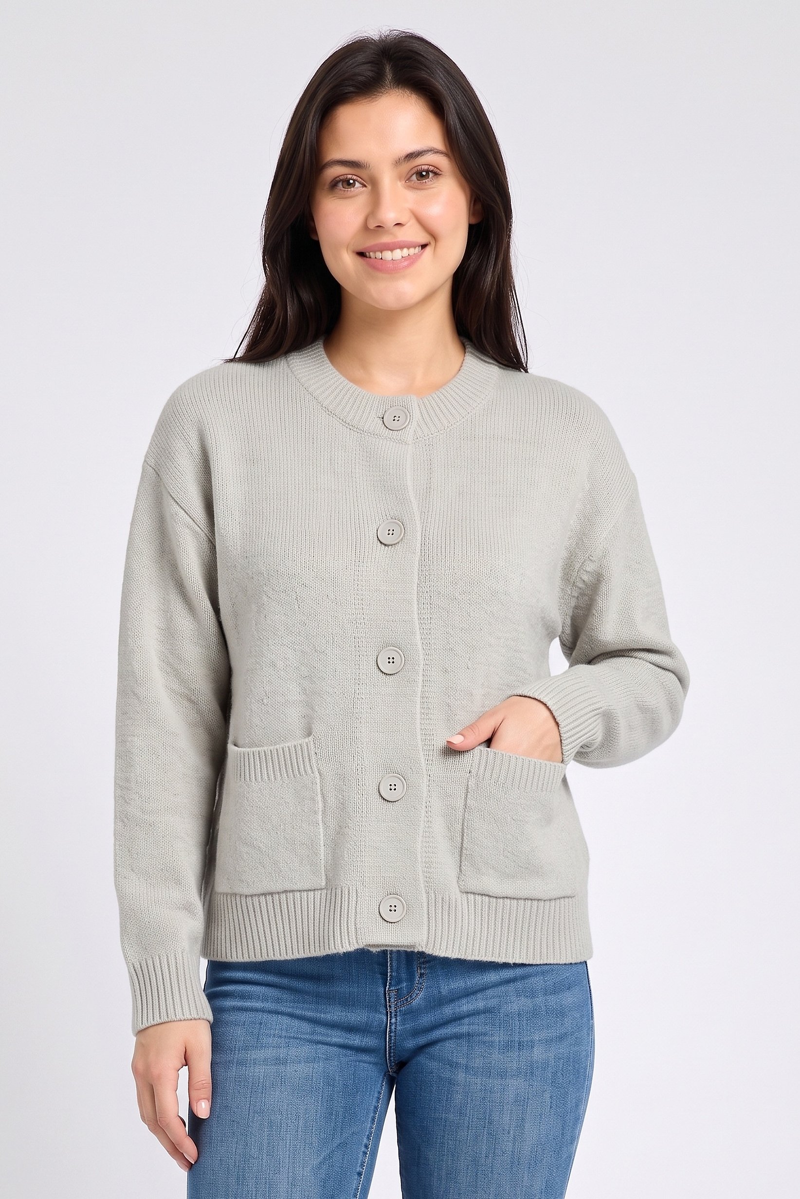 Women Crew Neck Plain Cardigan, Light Grey