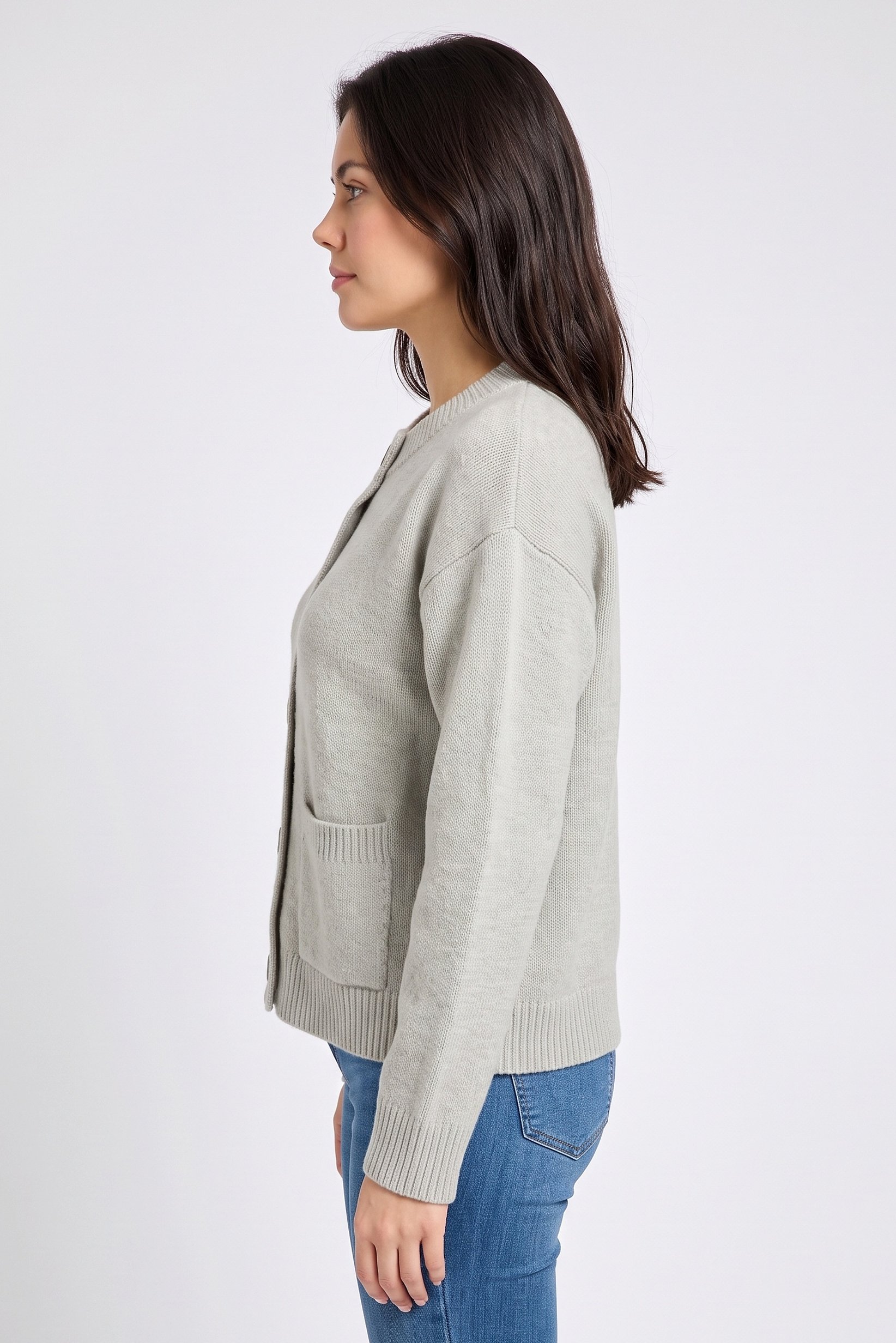 Women Crew Neck Plain Cardigan, Light Grey