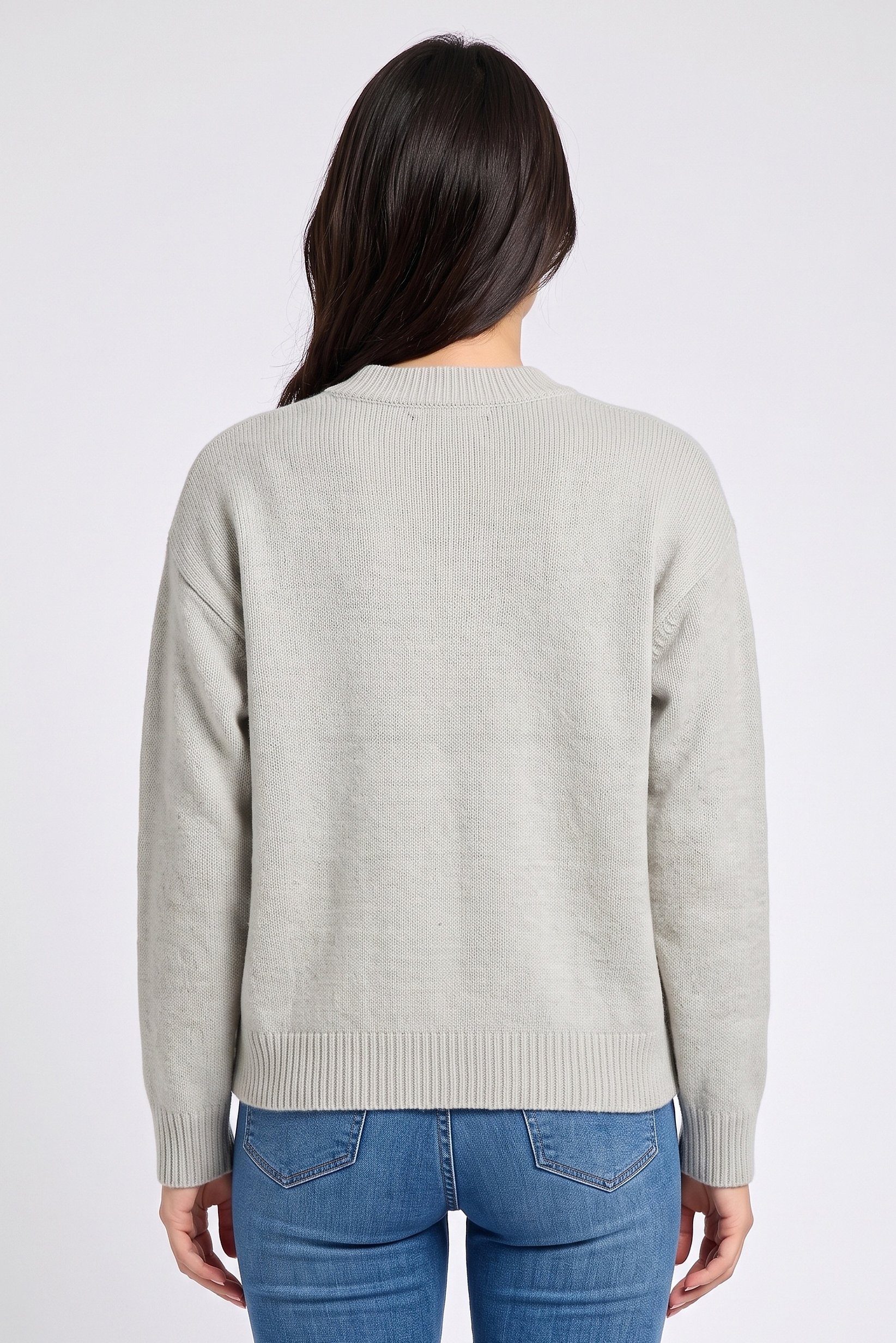 Women Crew Neck Plain Cardigan, Light Grey