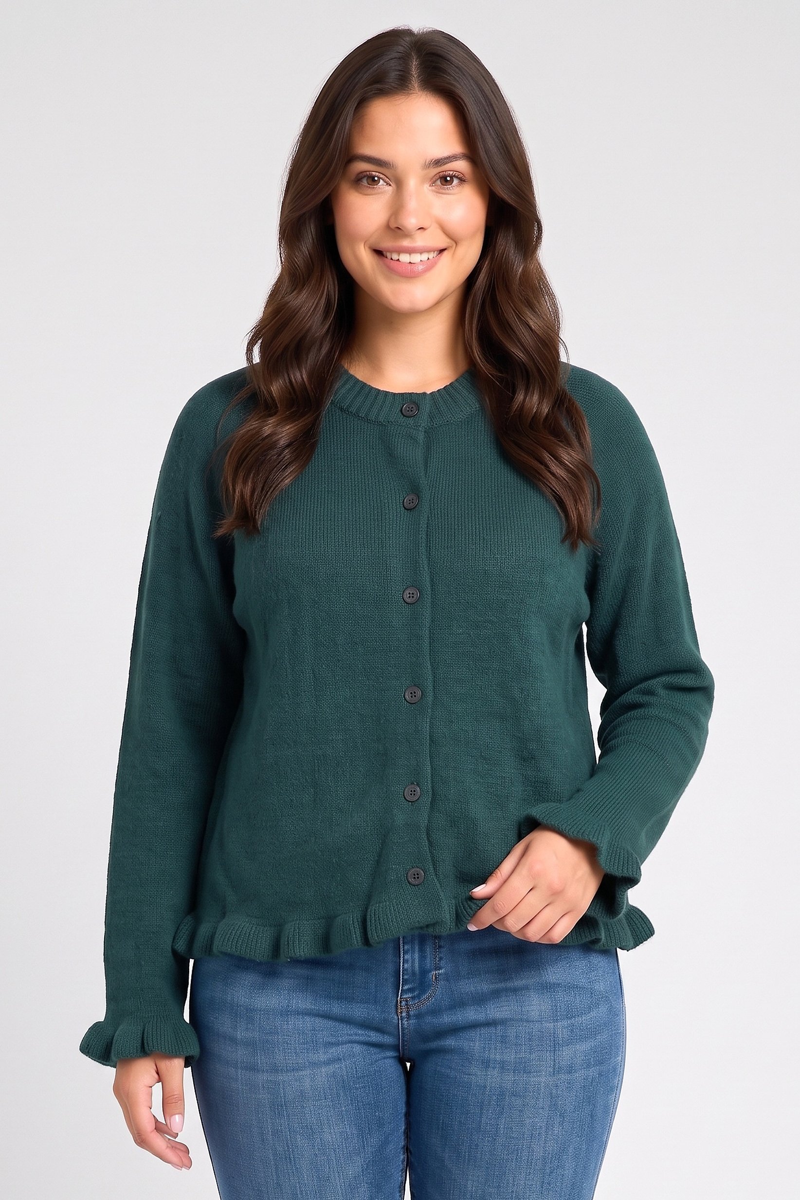 Women Crew Neck Plain Cardigan, Teal Green