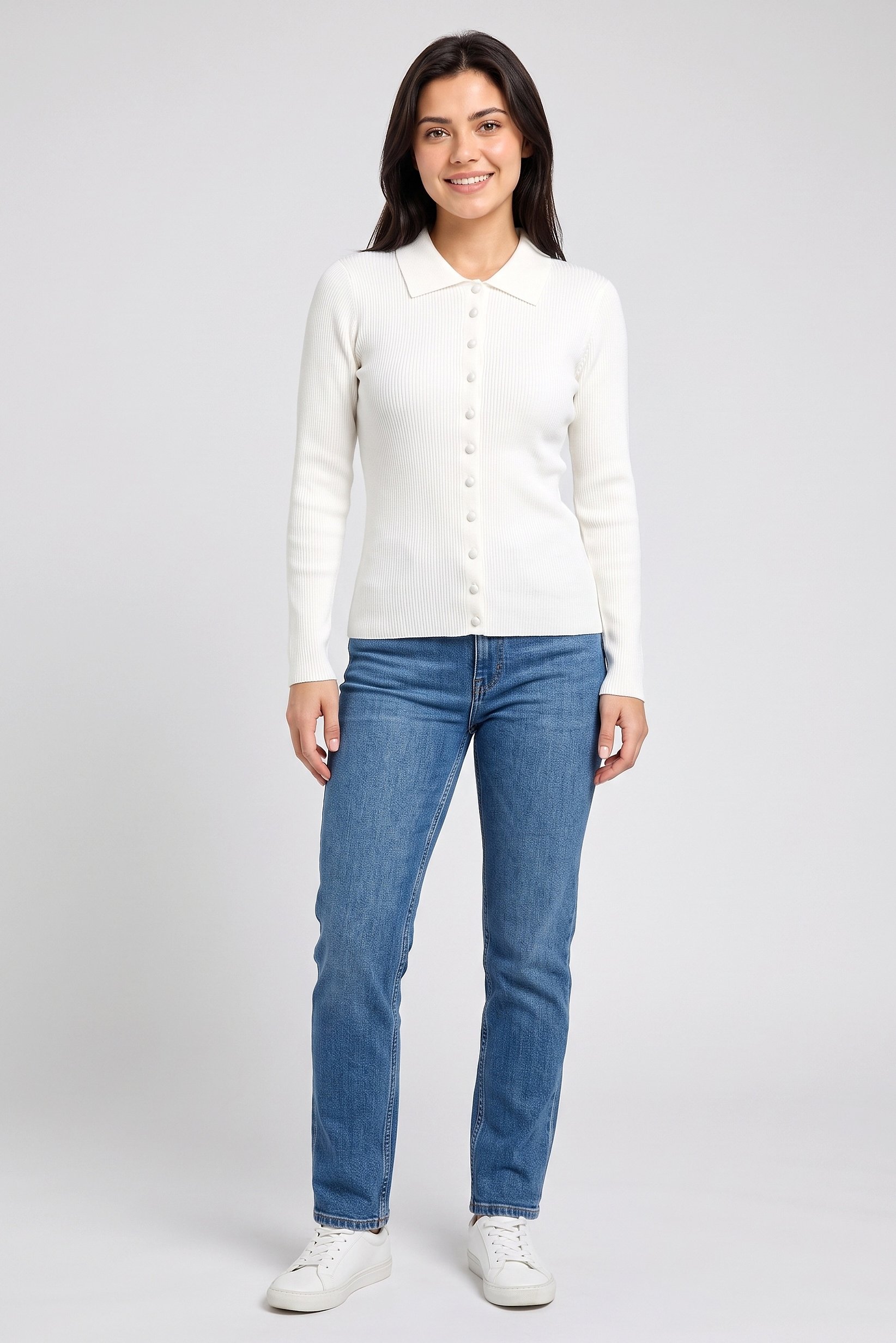 Women Spread Collar Long Sleeve Knitted Cardigan, Off White