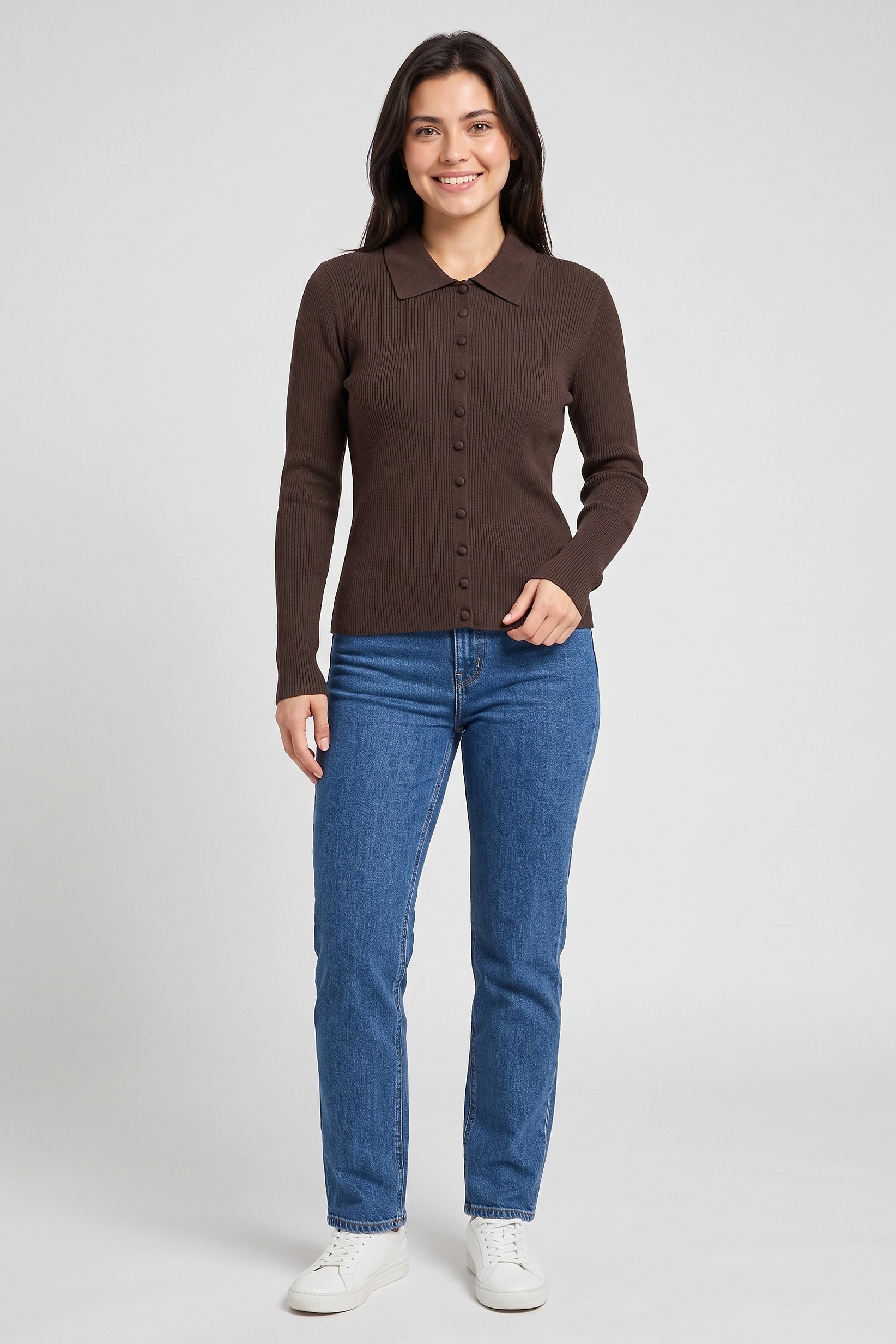 Women Spread Collar Knitted Cardigan, Chocolate Brown