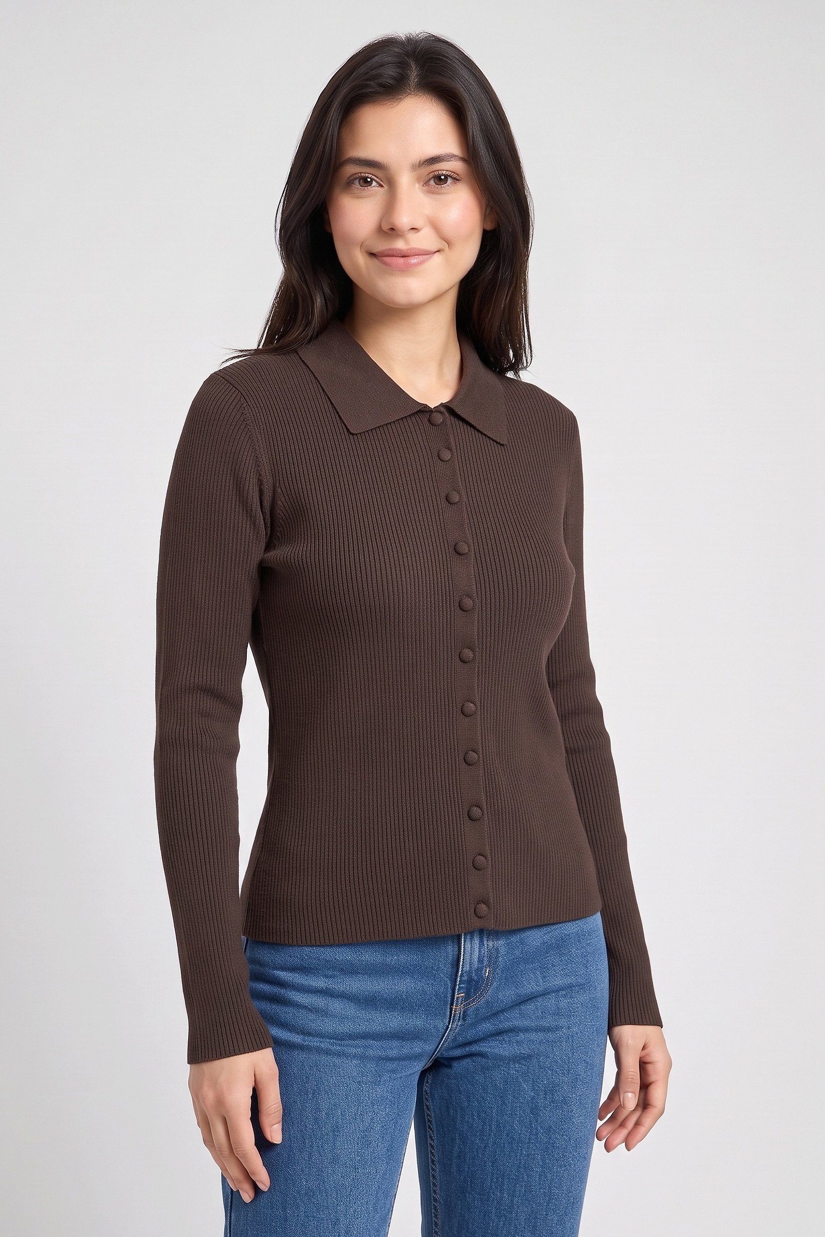 Women Spread Collar Knitted Cardigan, Chocolate Brown