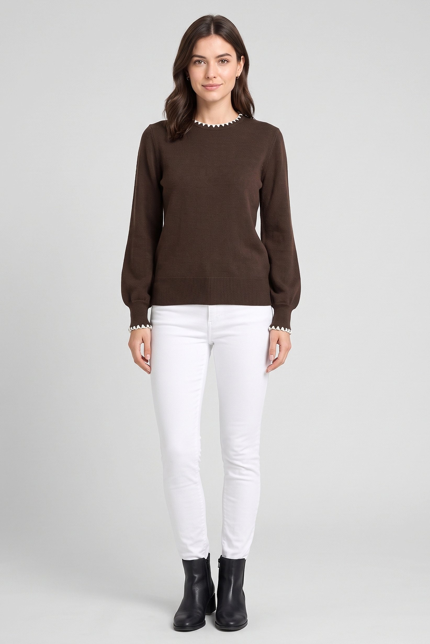 Women Crew Neck Plain Sweater, Dark Brown