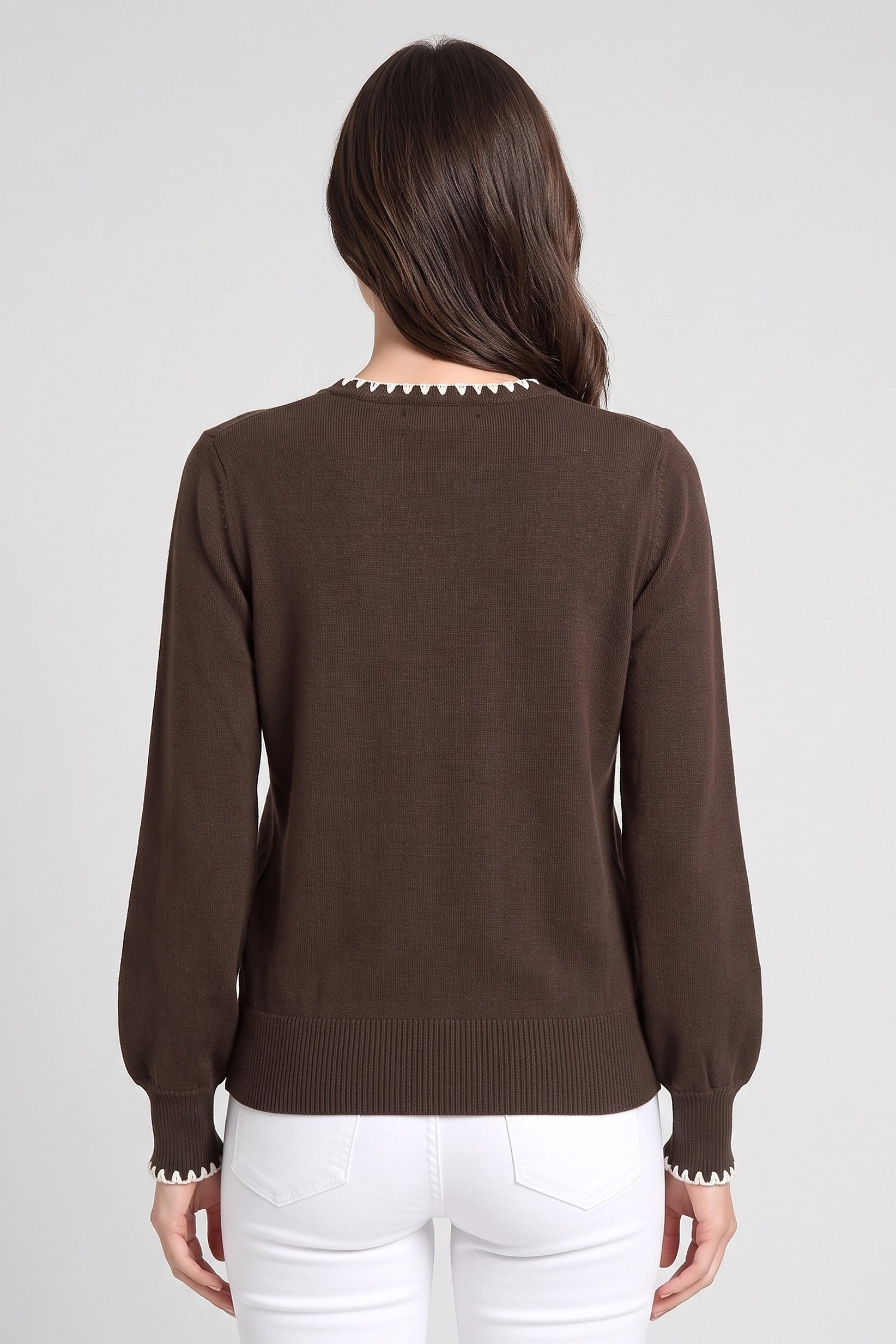 Women Crew Neck Plain Sweater, Dark Brown