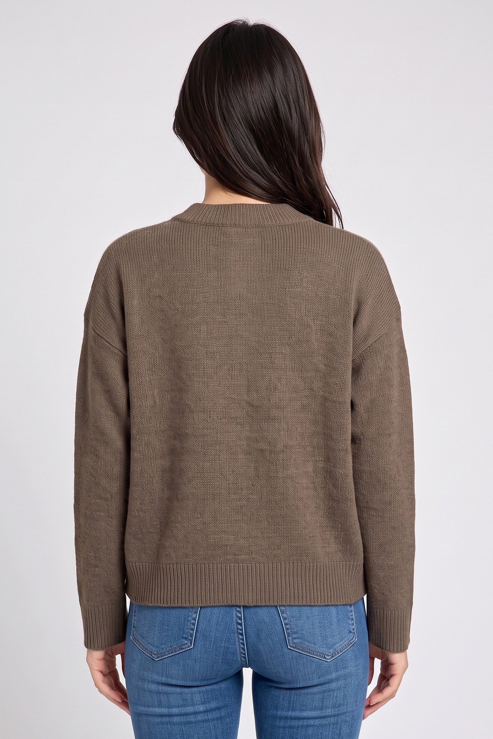 Women Crew Neck Plain Cardigan, Brown