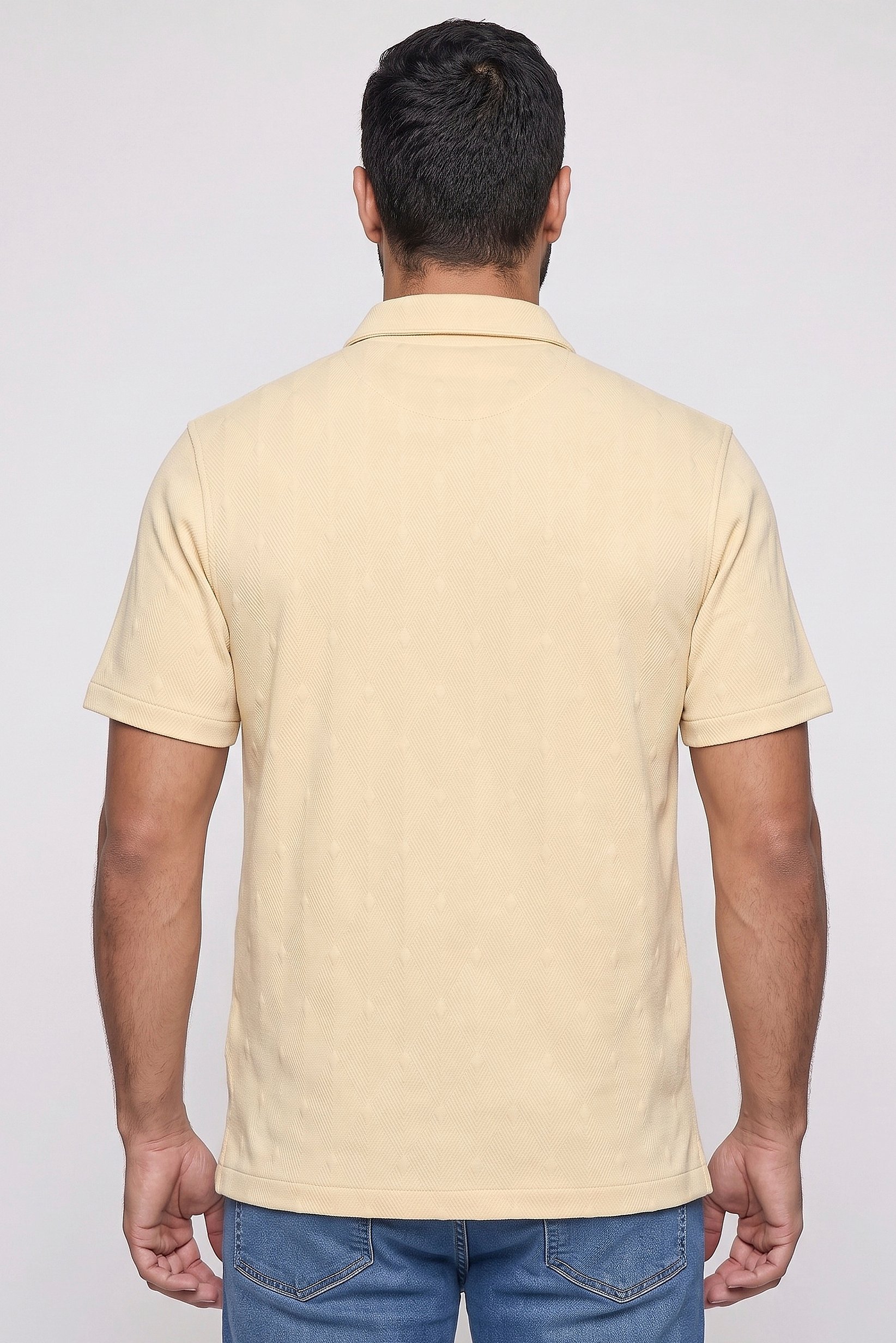 Men Regular Fit Spread Collar Short Sleeve Textured Casual Shirt, Beige