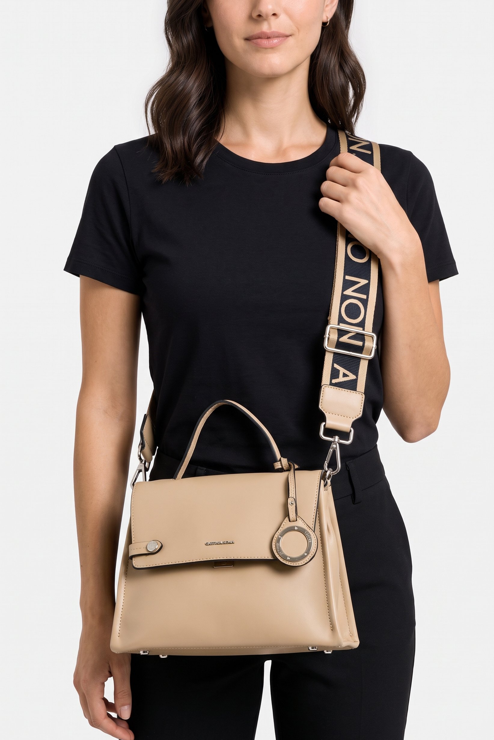 Women Brand Logo Shoulder Bag, Taupe
