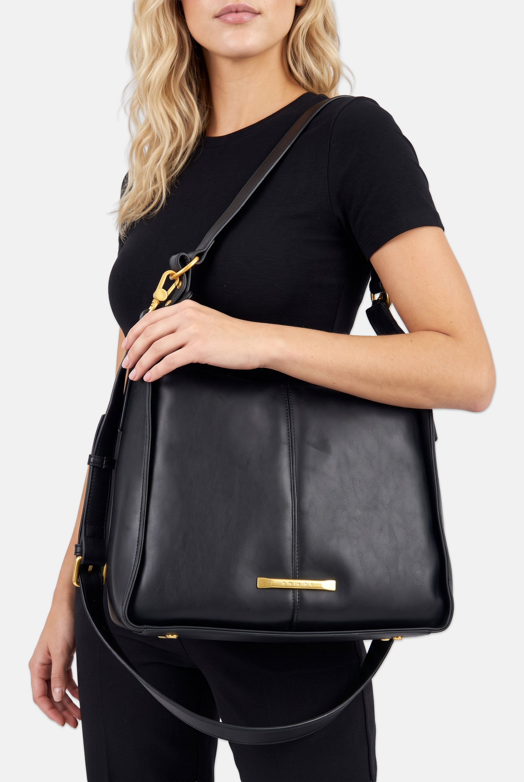 Women Brand Logo Shoulder Bag, Black