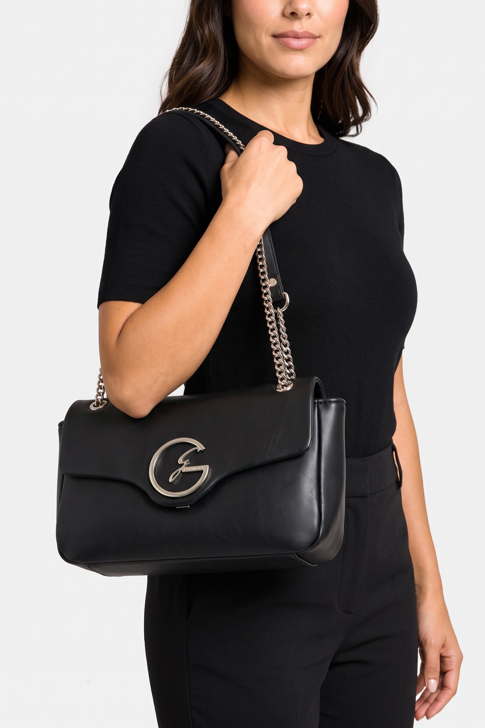 Women Brand Logo Shoulder Bag, Black