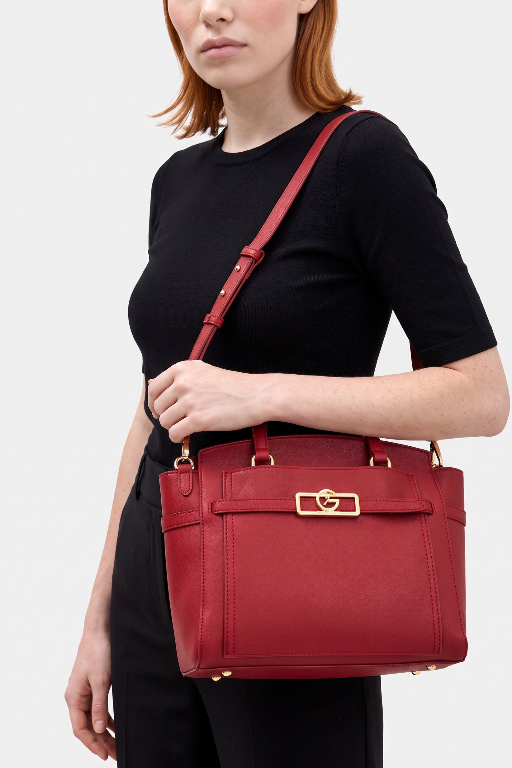 Women Brand Logo Satchel Bag, Dark Red