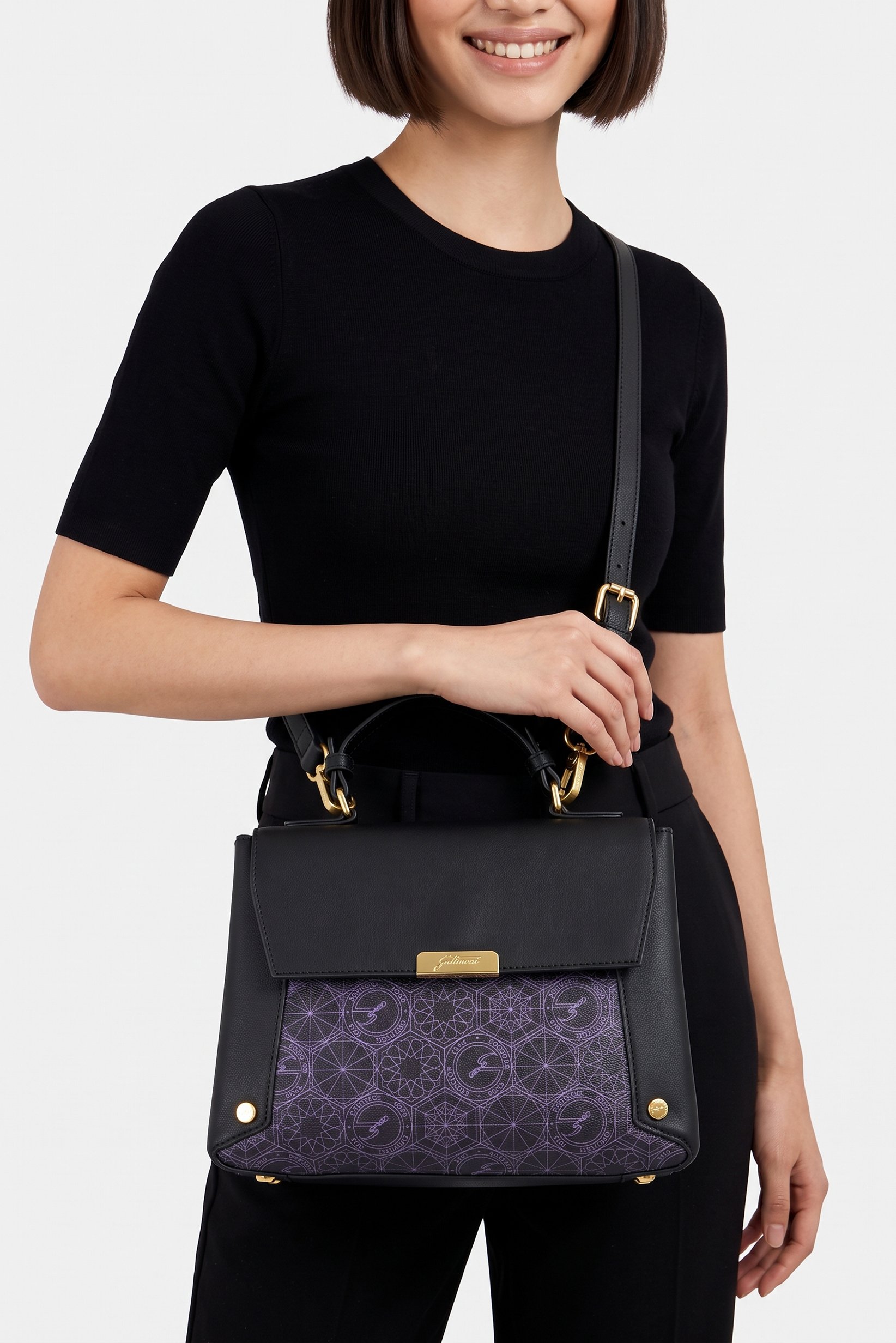 Women Brand Logo Handbag, Black