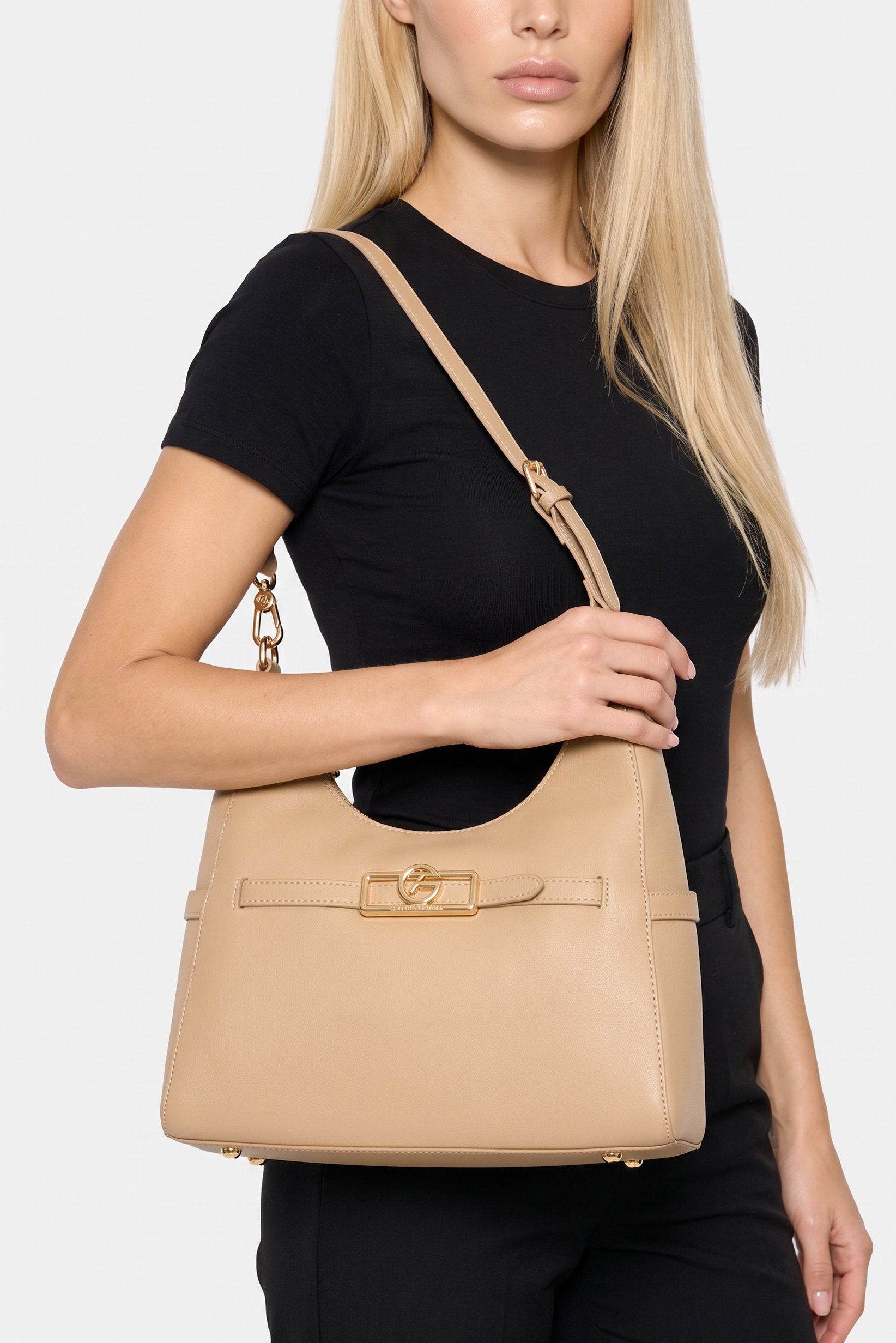 Women Brand Logo  Shoulder Bag, Beige
