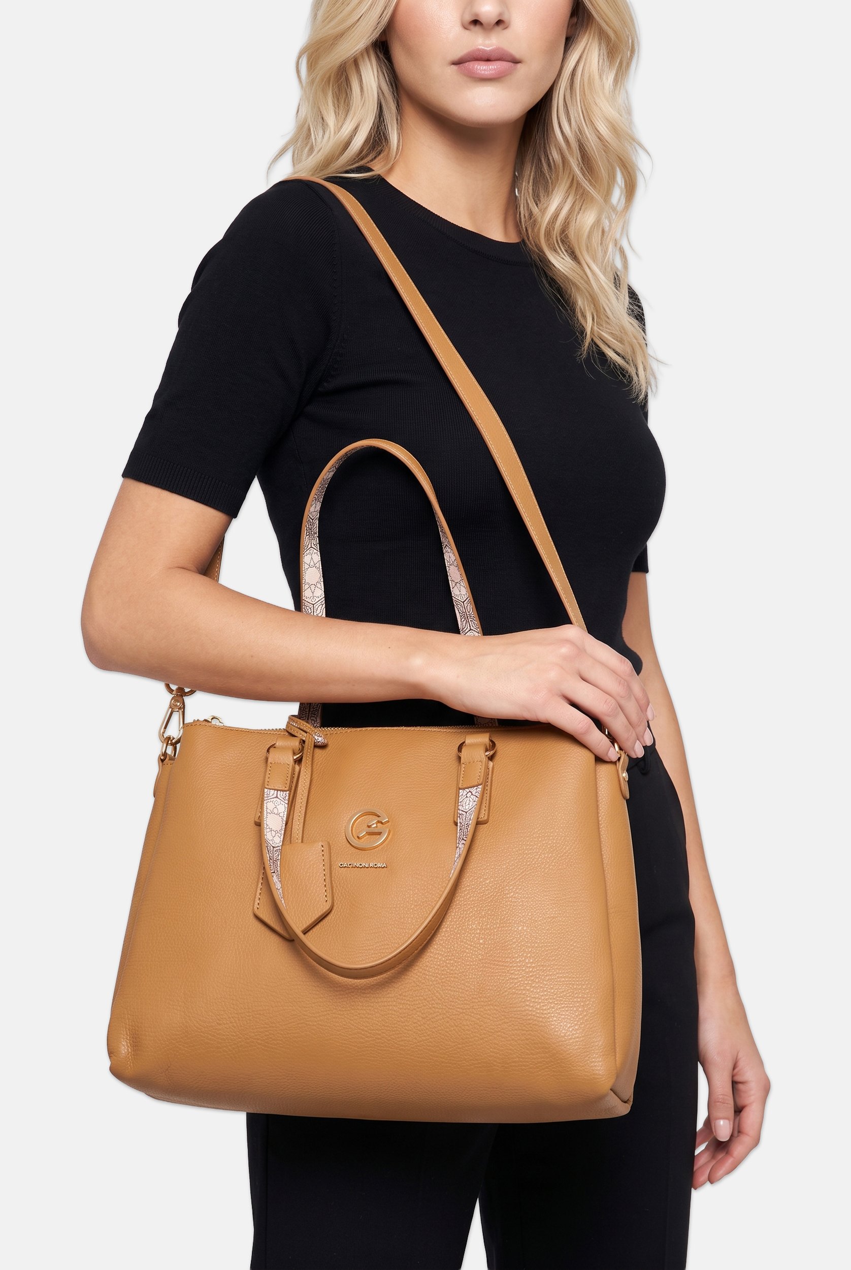 Women Brand Logo Satchel Bag, Brown