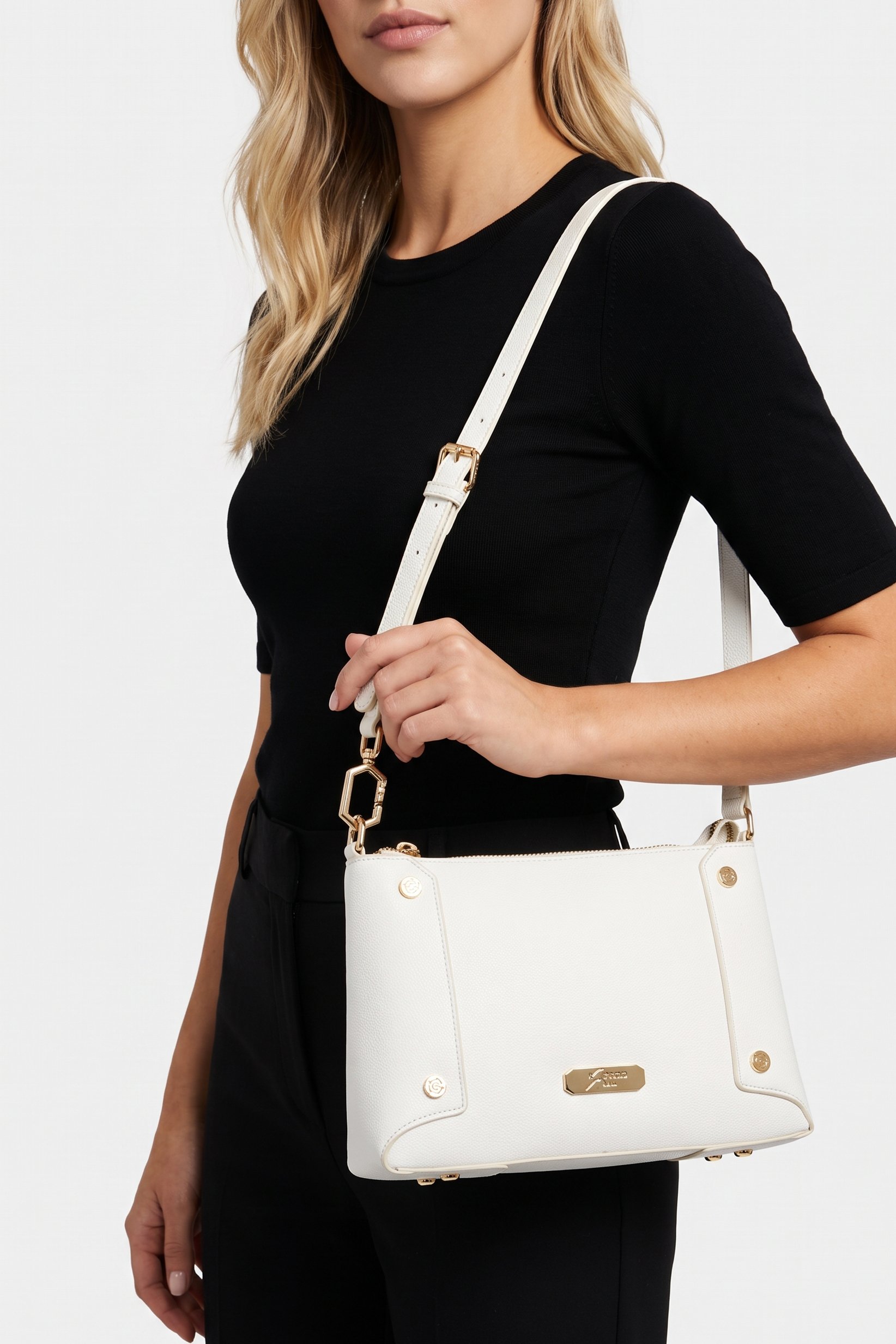 Women Brand Logo Shoulder Bag, Cream