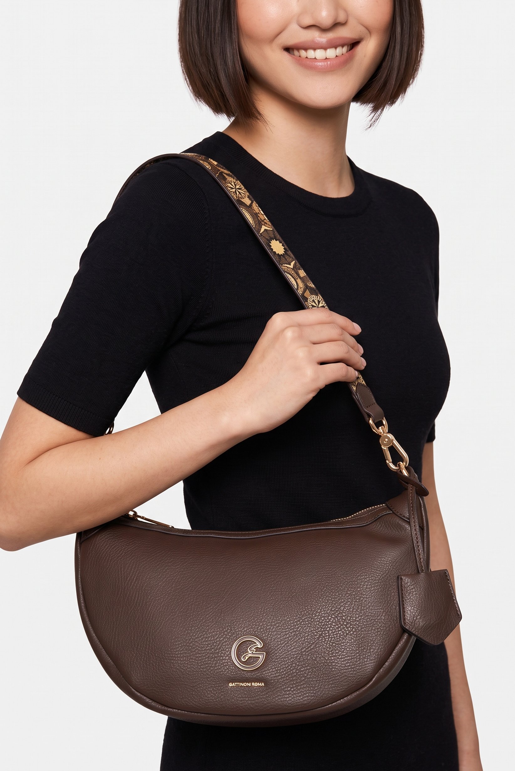 Women Brand Logo Shoulder Bag, Dark Brown