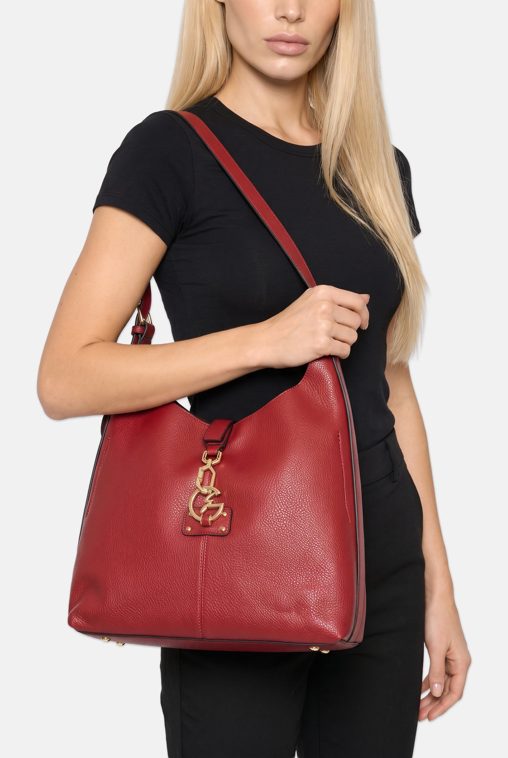 Women Brand Logo Hobo Bag, Dark Red