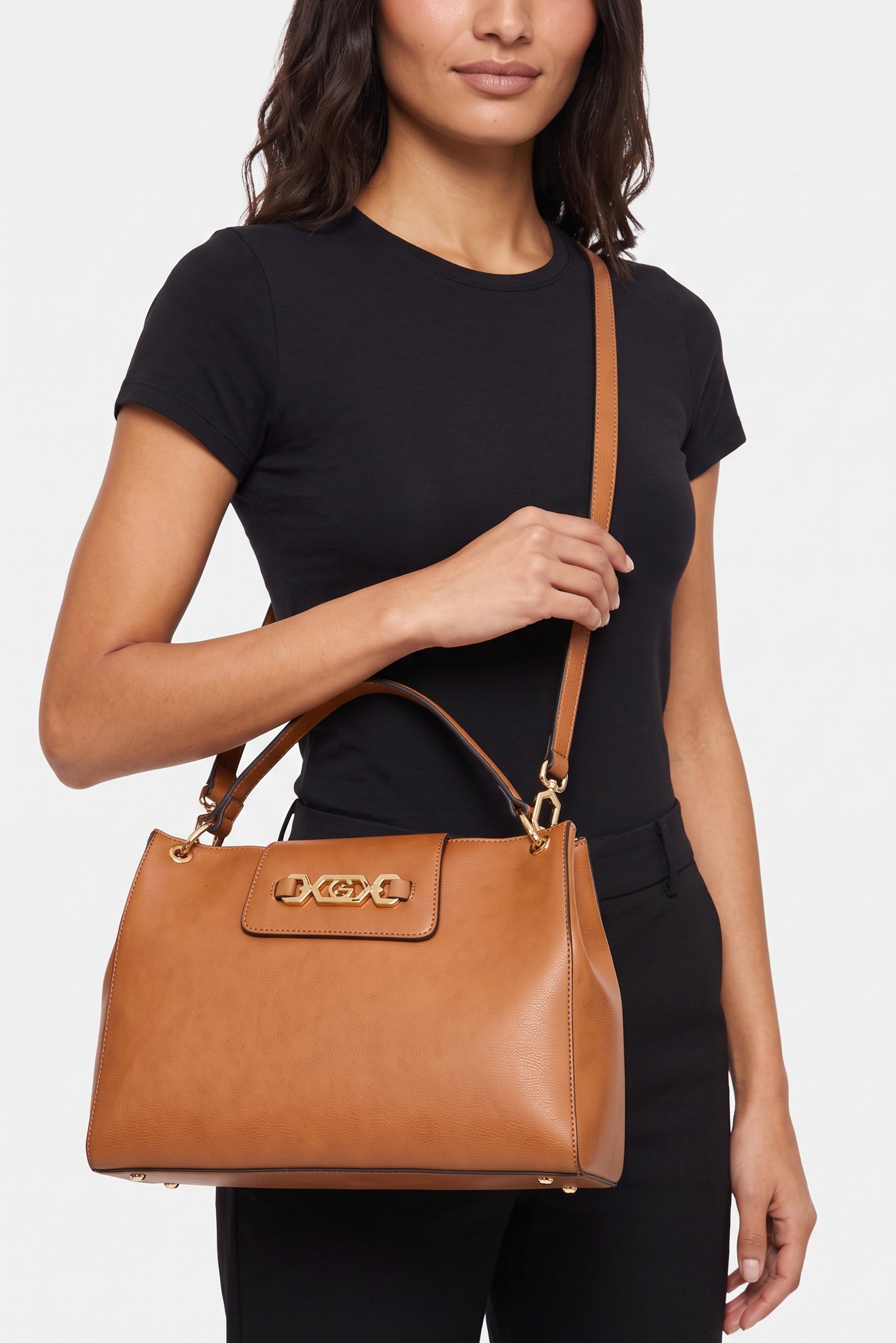 Women Brand Logo Shoulder Bag, Dark Brown