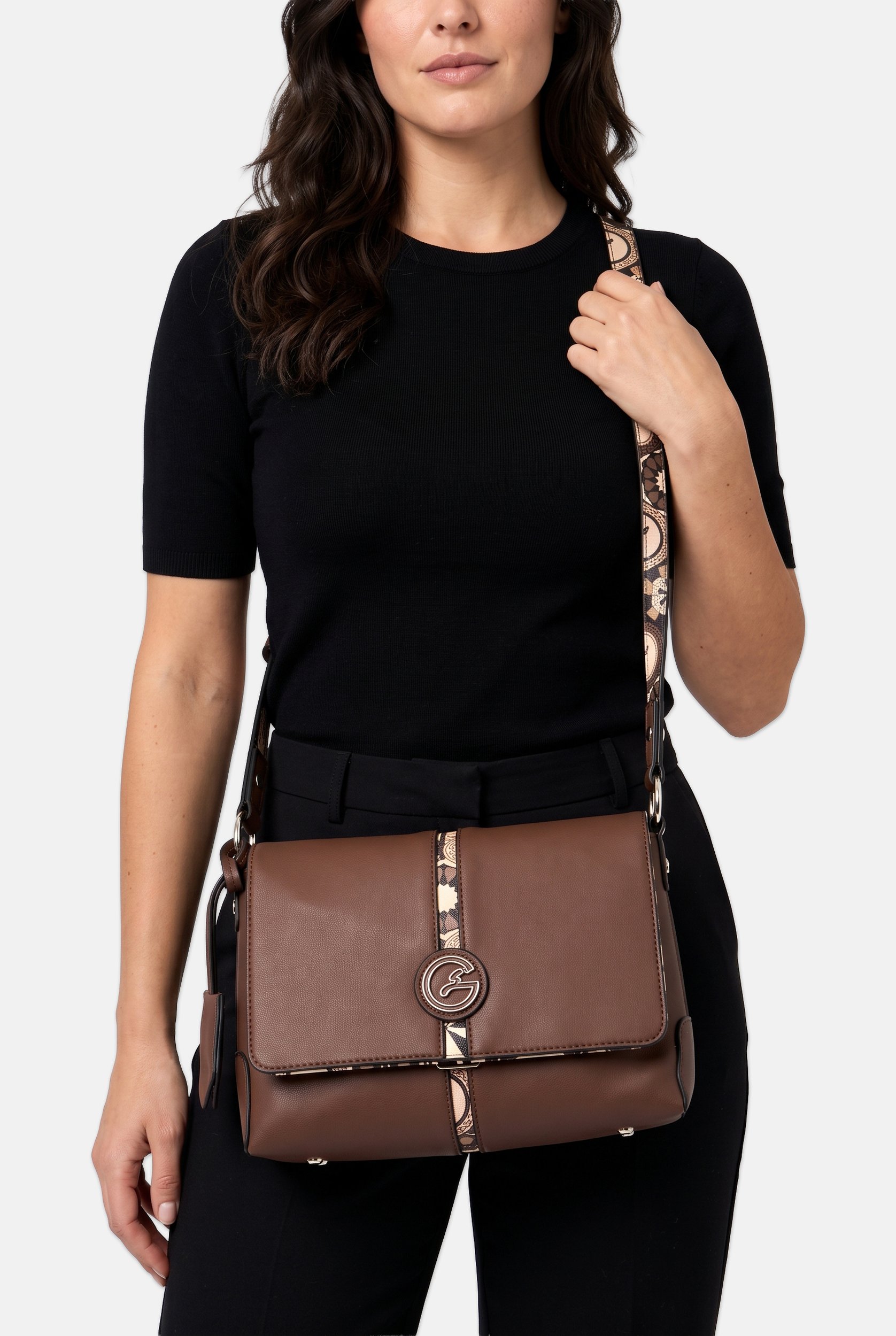 Women Brand Logo Cross Body Bag, Dark Brown