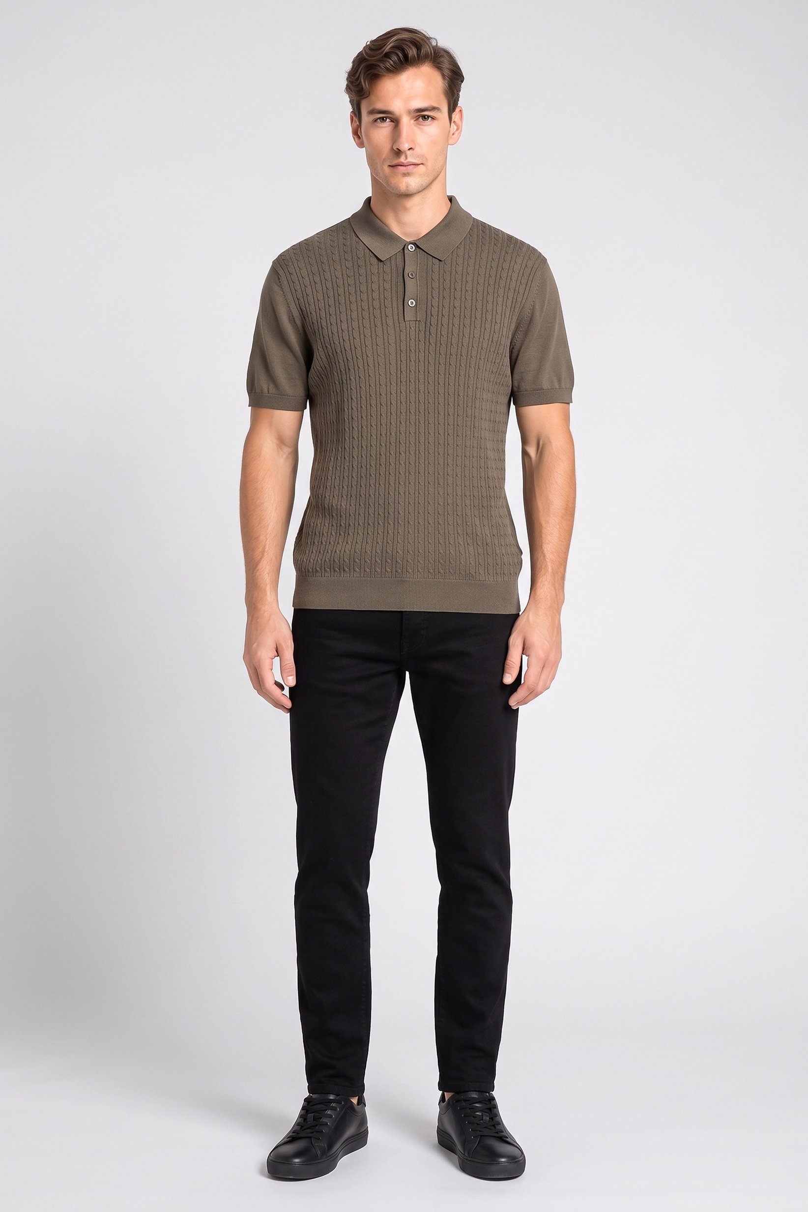 Men Regular Fit Textured Short Sleeve Polo Shirt, Olive