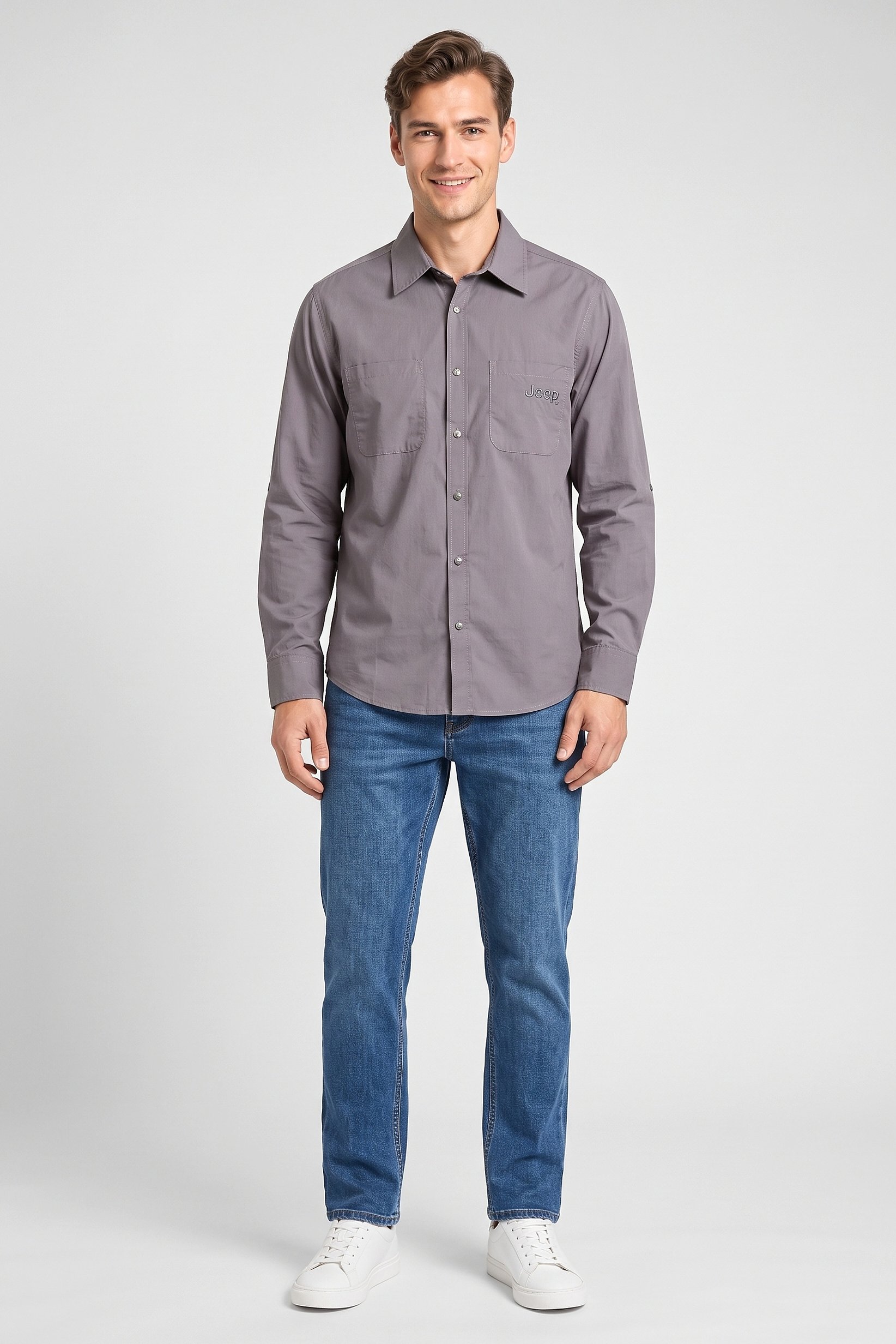 Men Regular Fit Long Sleeve Embroidered Logo Casual Shirt, Dark Grey