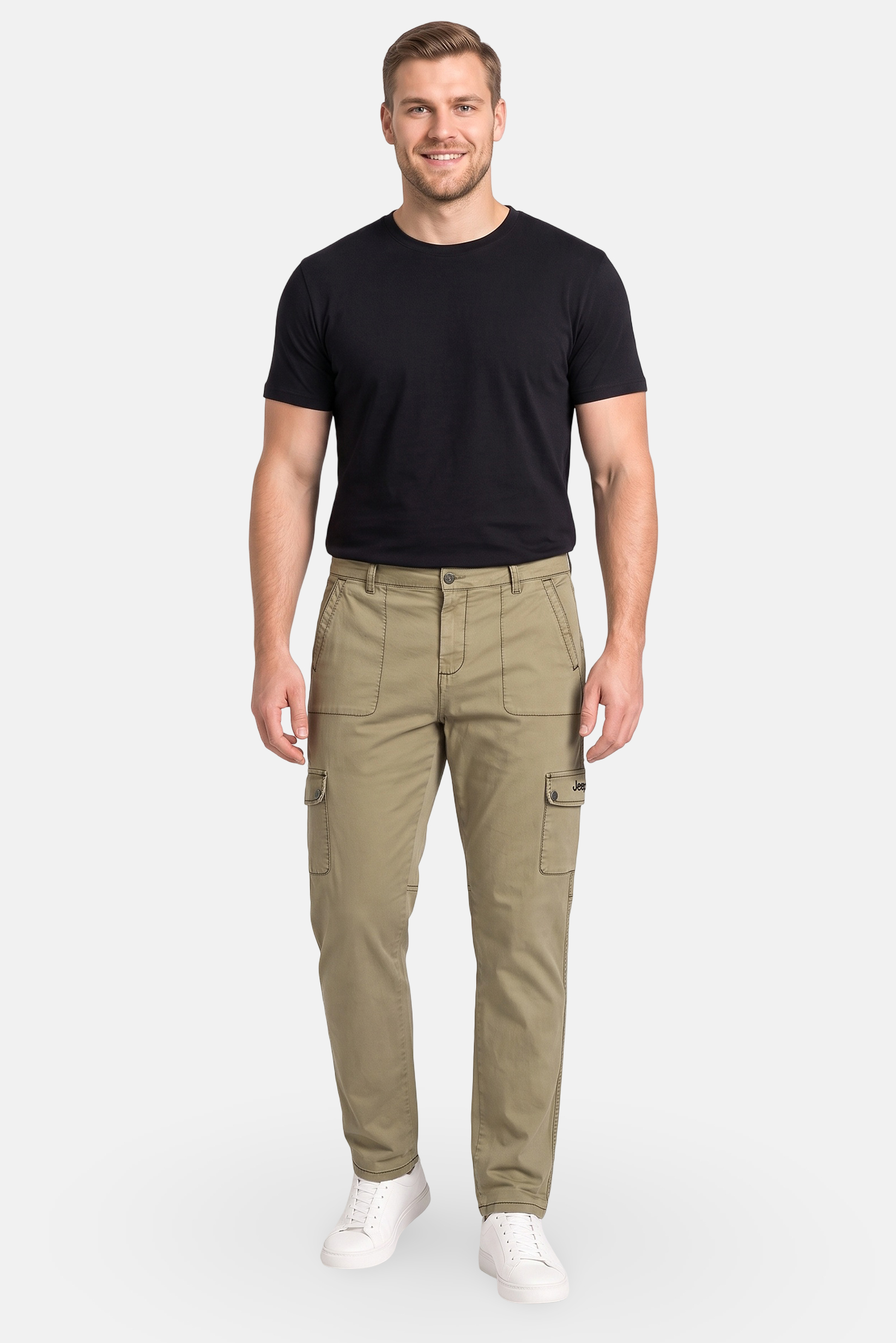 Men Regular Fit Solid Cargo Pants, Olive