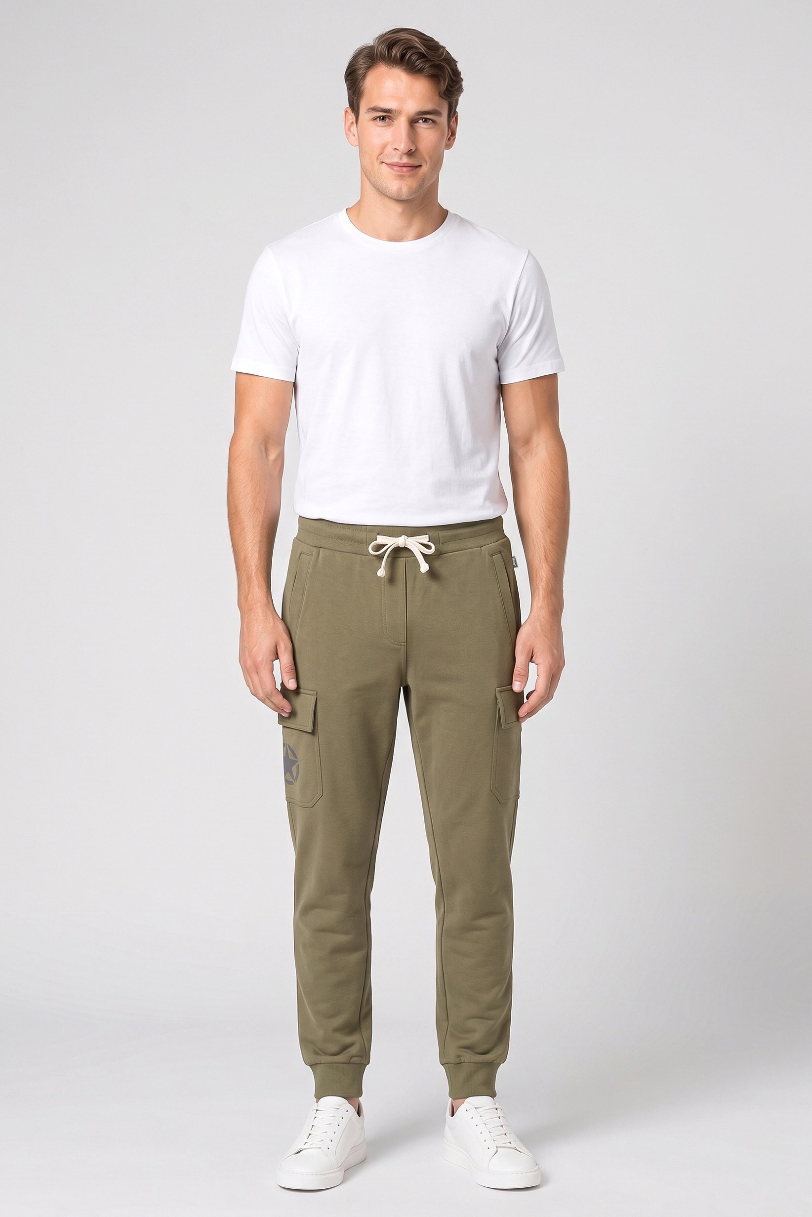 Men Regular Fit Brand Logo Cargo Pants, Olive