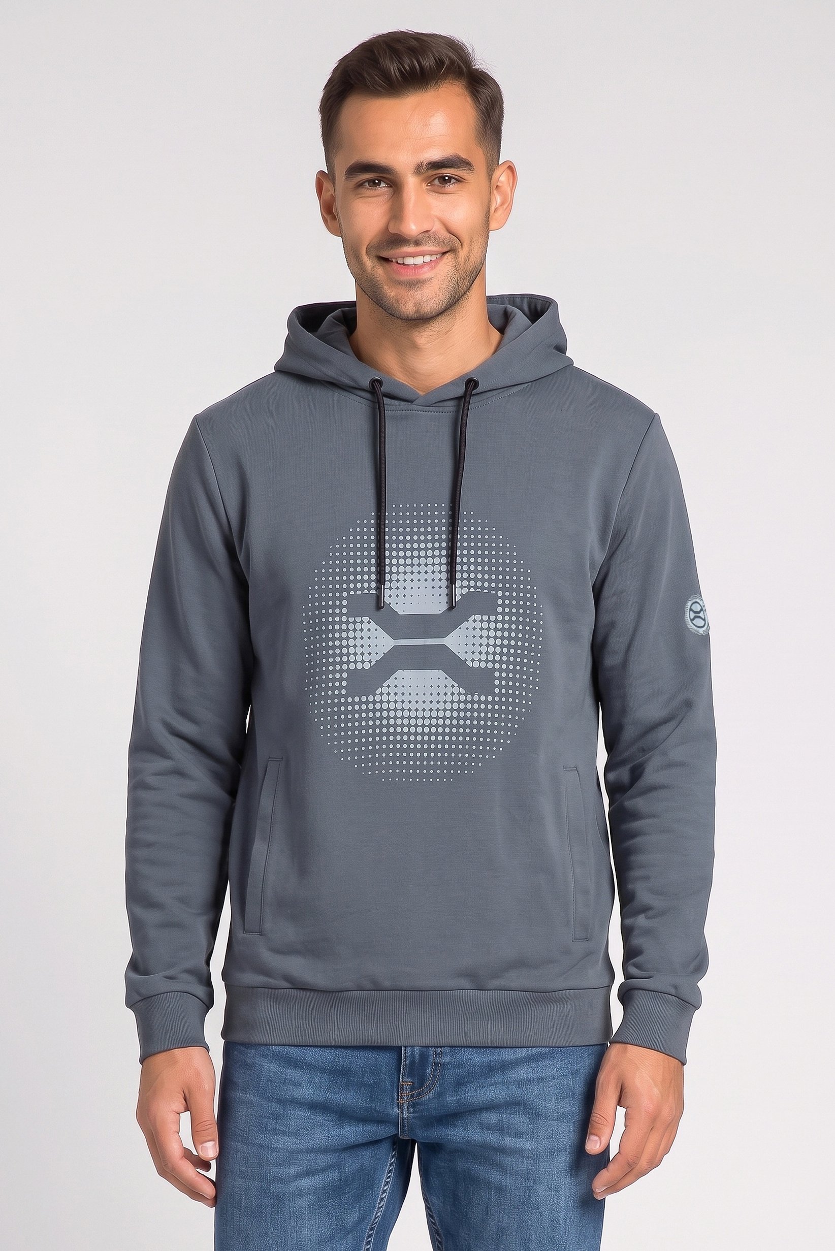 Men Graphic Print Long Sleeve Hoodie, Dusty Grey