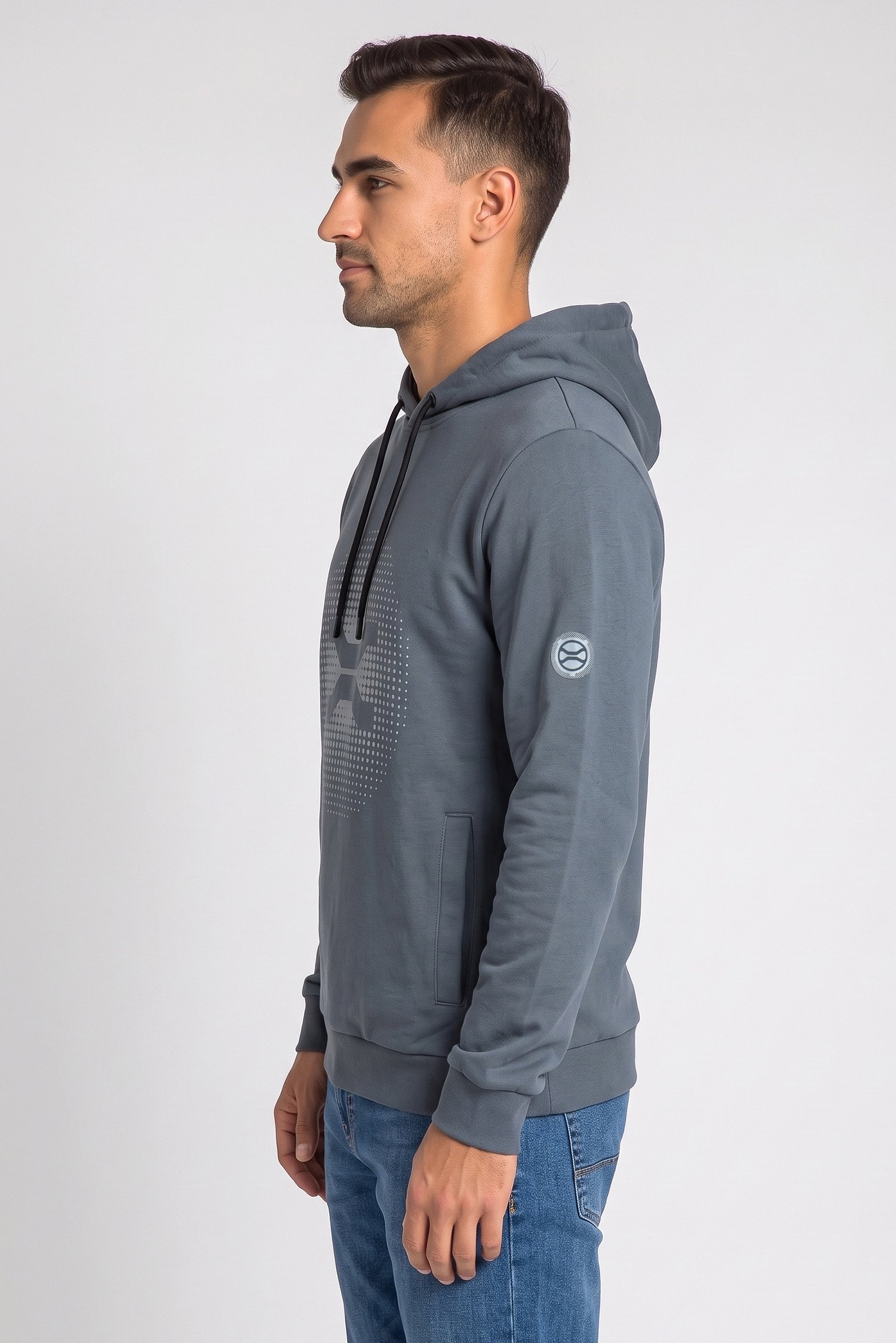 Men Graphic Print Long Sleeve Hoodie, Dusty Grey