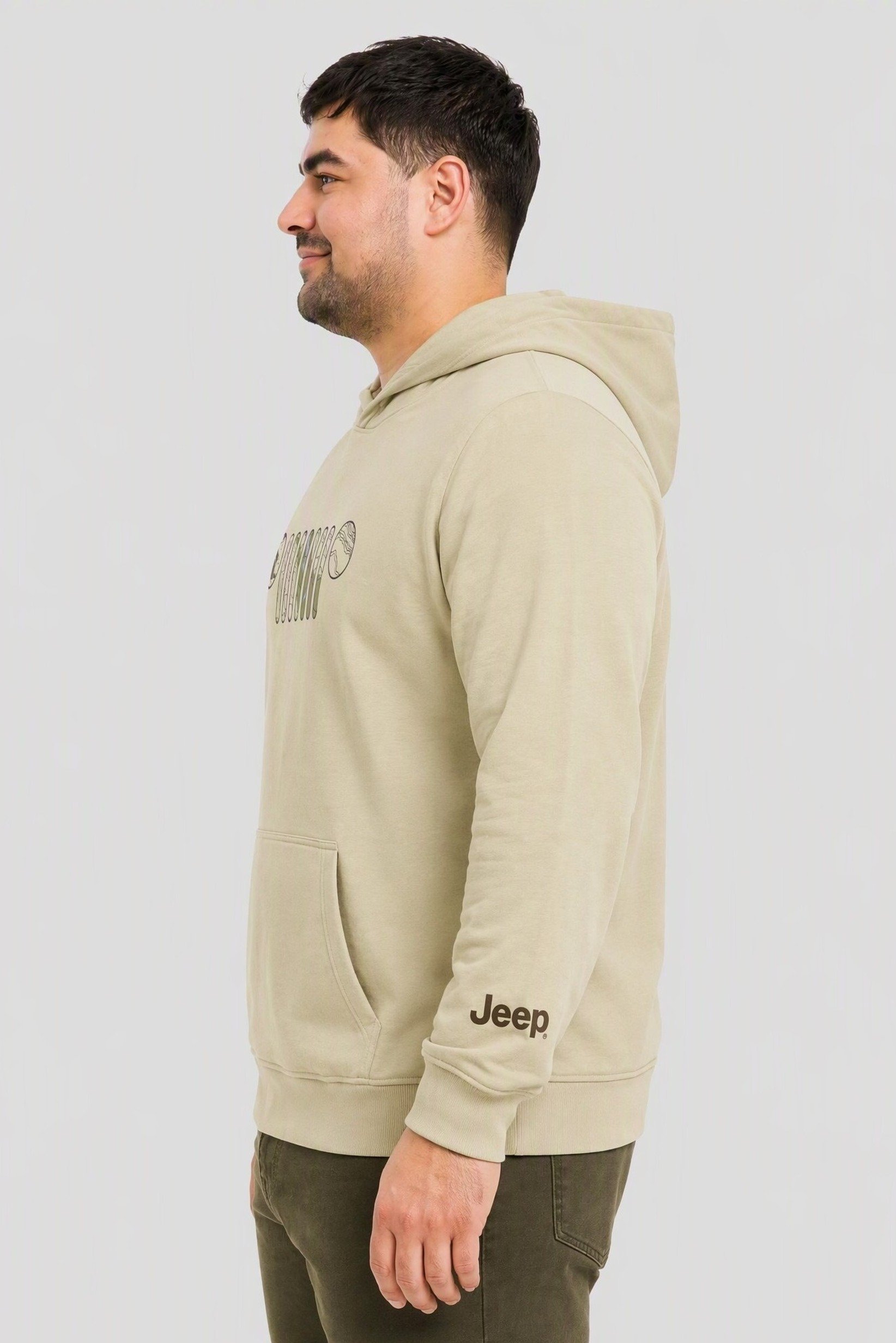 Men Brand Logo Long Sleeve Hoodie, Beige