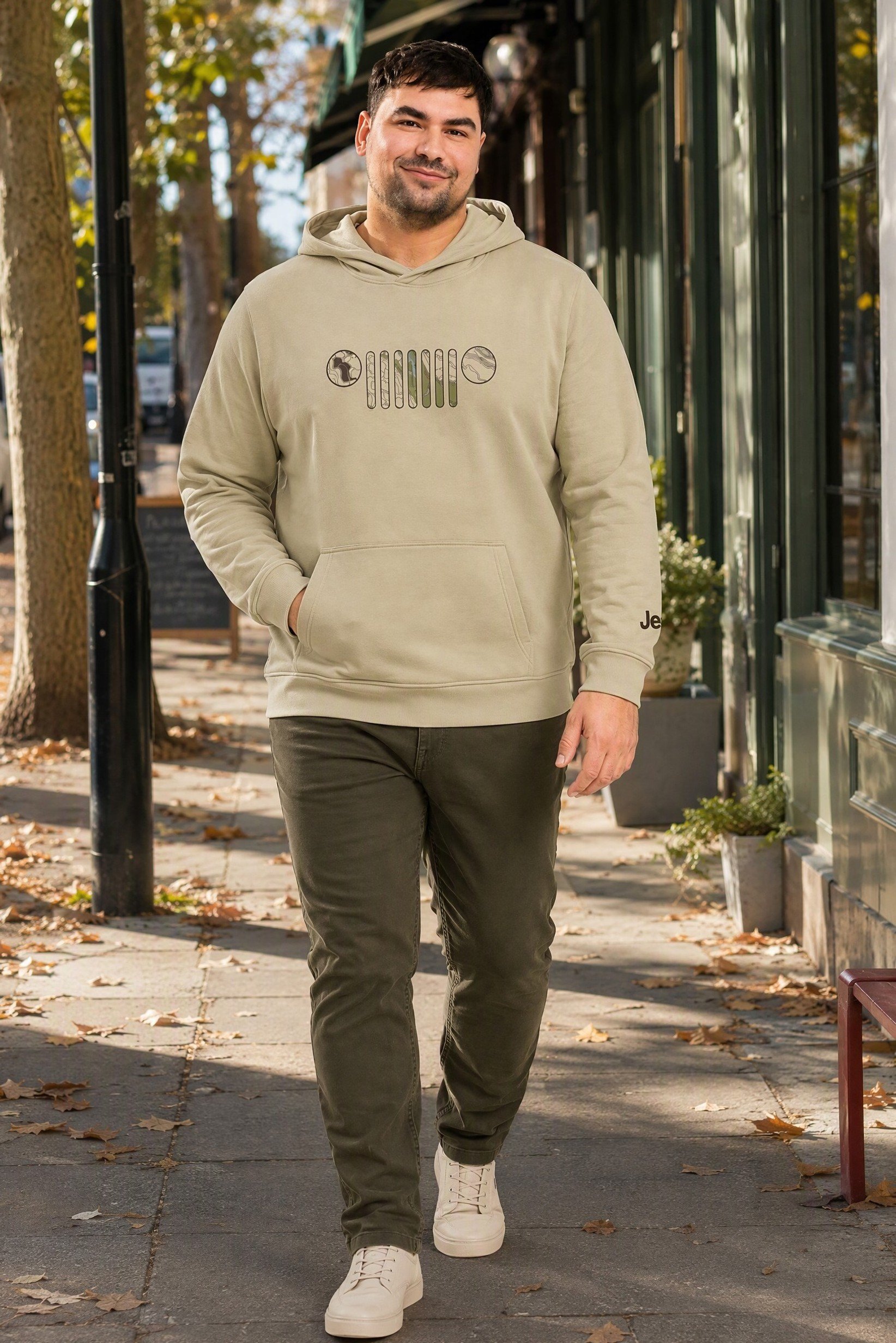 Men Brand Logo Long Sleeve Hoodie, Beige