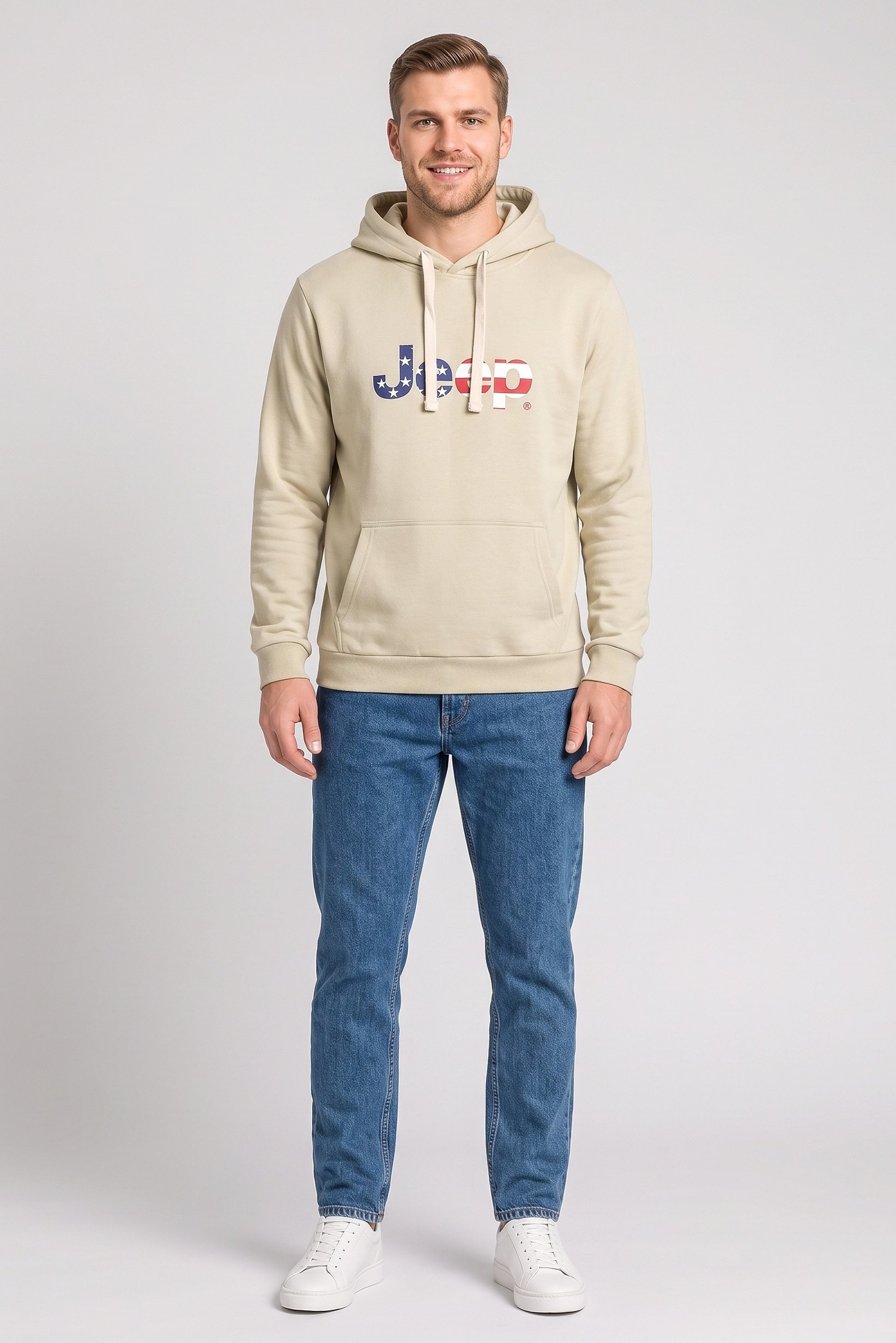 Men Brand Logo Long Sleeve Hoodie, Beige