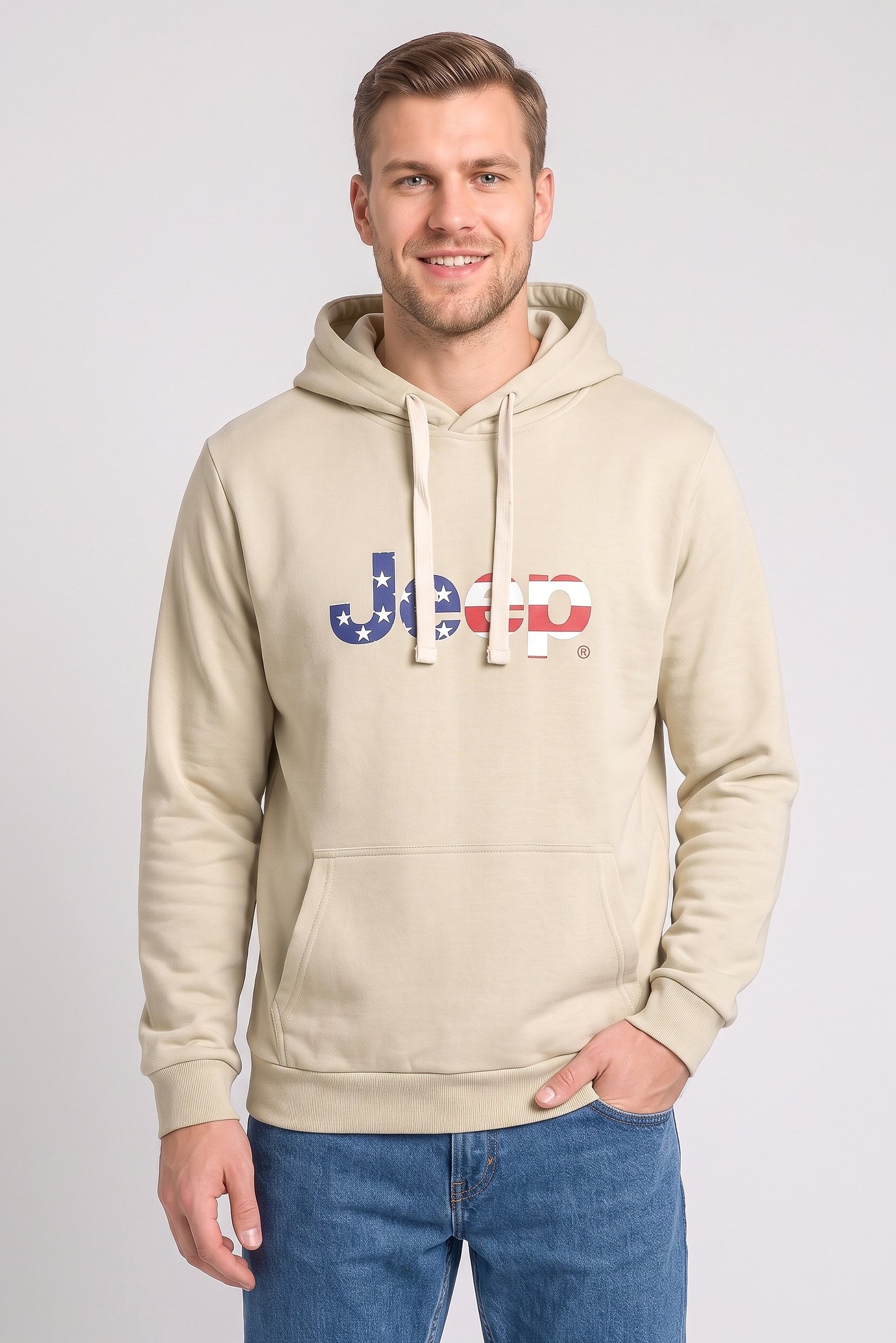 Men Brand Logo Long Sleeve Hoodie, Beige