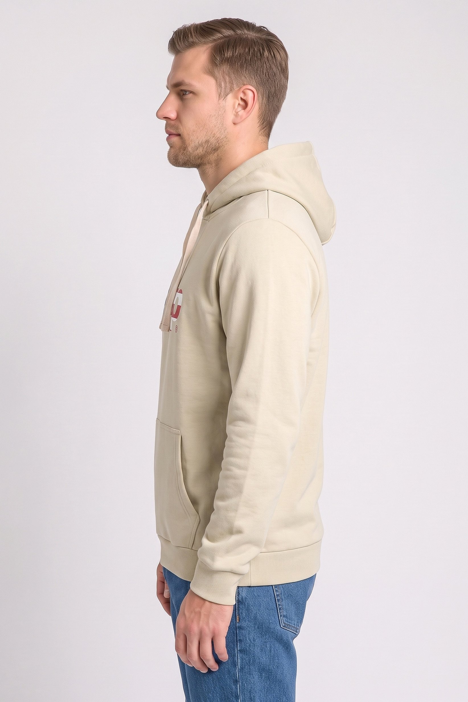 Men Brand Logo Long Sleeve Hoodie, Beige