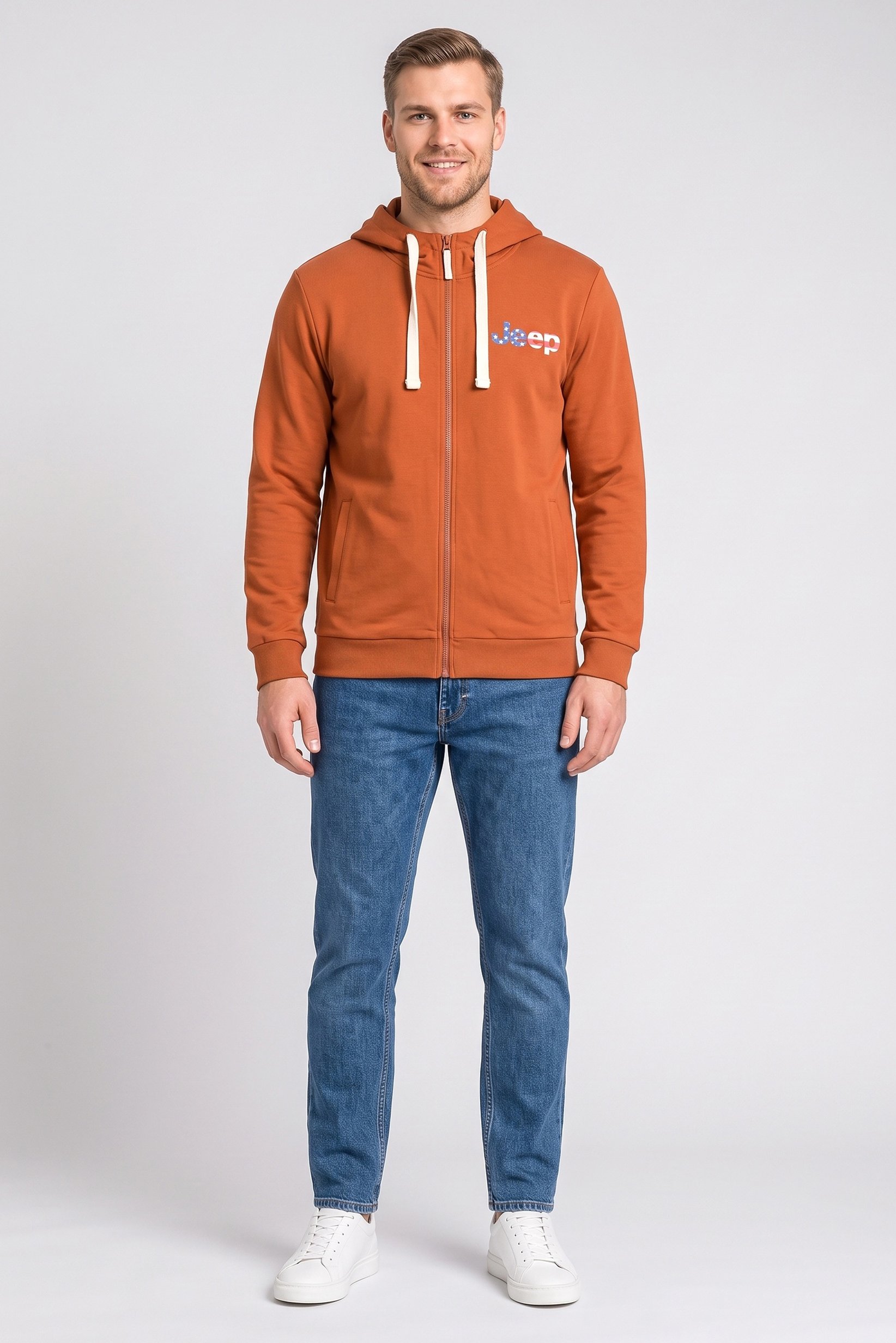 Men Brand Logo Long Sleeve Hoodie, Rust Brown