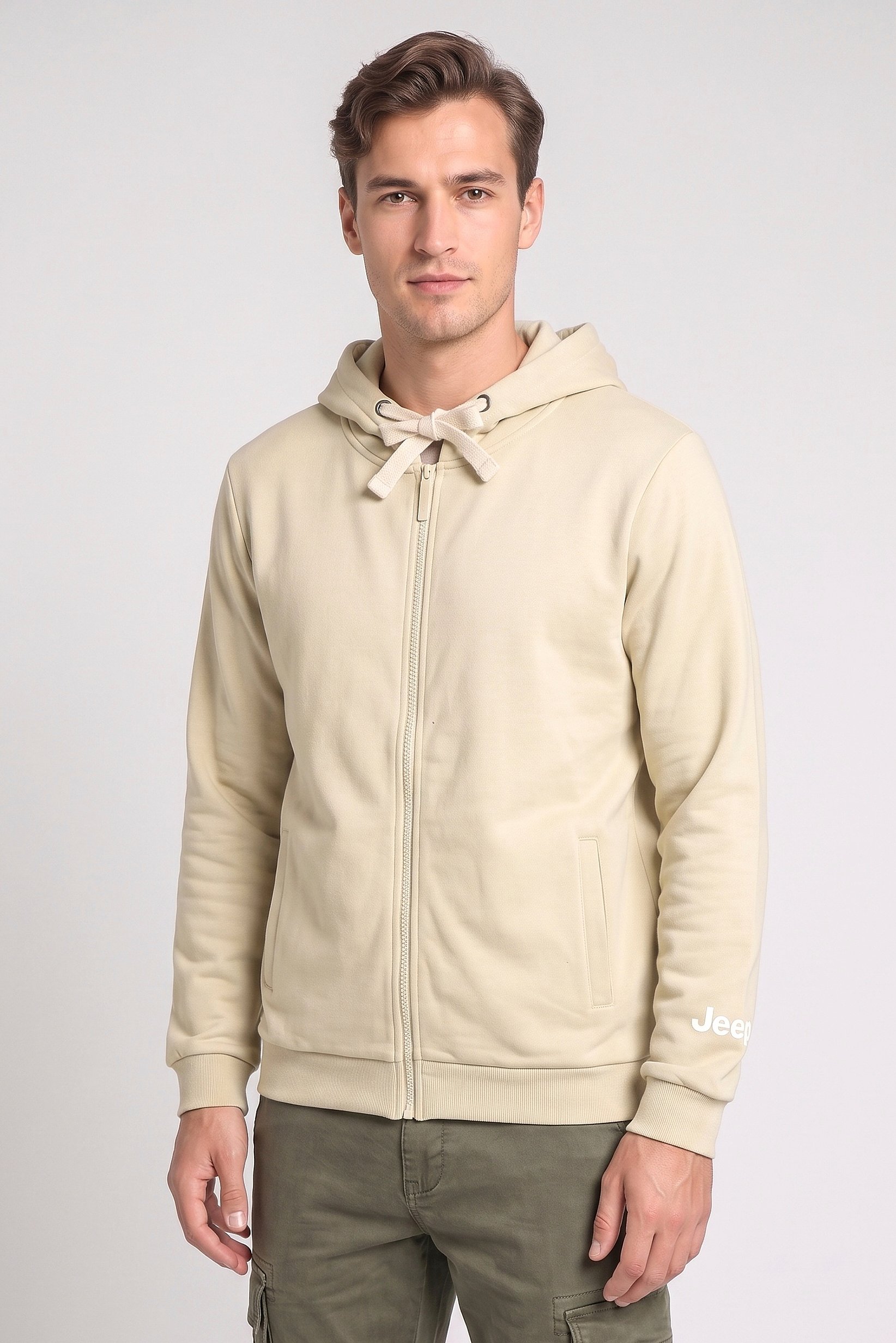 Men Brand Logo Long Sleeve Hoodie, Beige