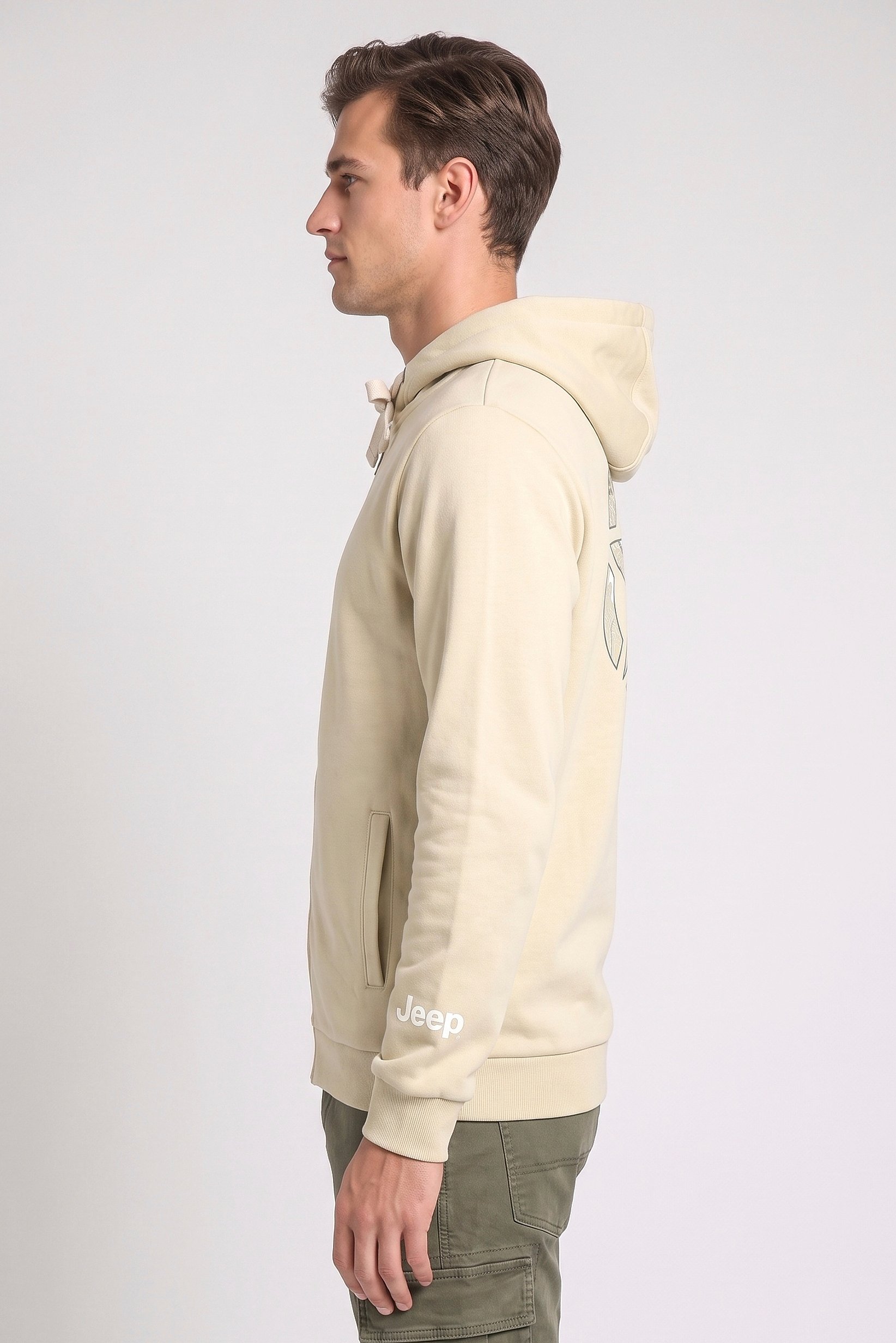 Men Brand Logo Long Sleeve Hoodie, Beige