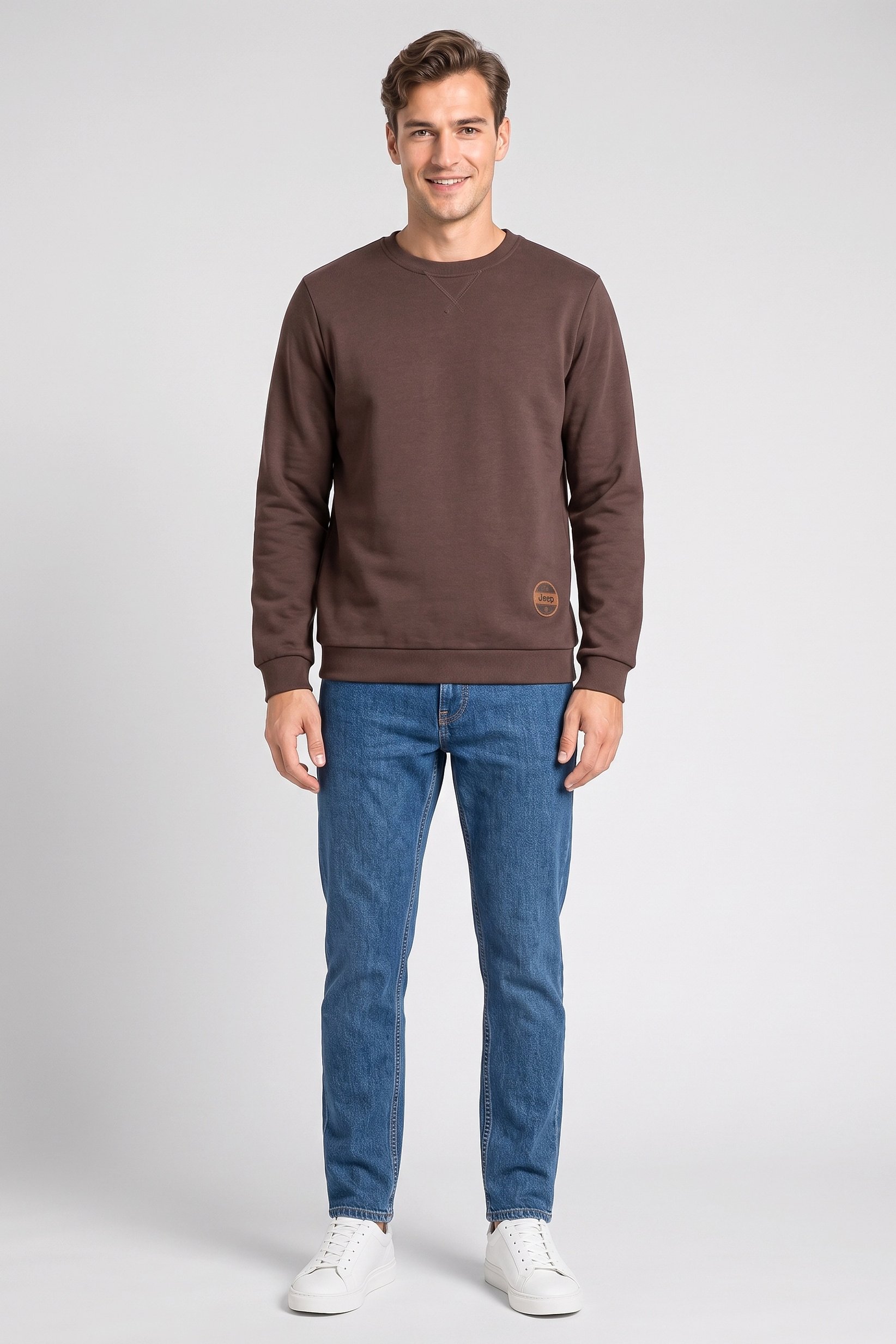 Men Crew Neck Long Sleeve Plain Sweatshirt, Dark Brown